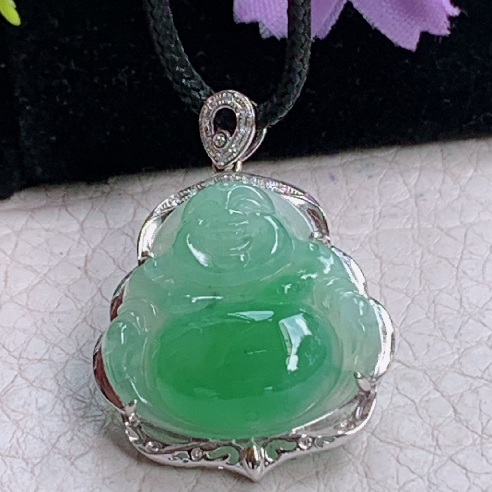 zz3实拍连金32*23.8*8天然缅甸翡翠冰飘绿佛公吊坠 镶金弥勒佛玉坠