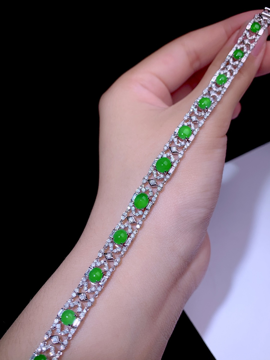 ️超值五位数喜询冰阳绿蛋面手链18k金钻镶嵌，5.5-4.5