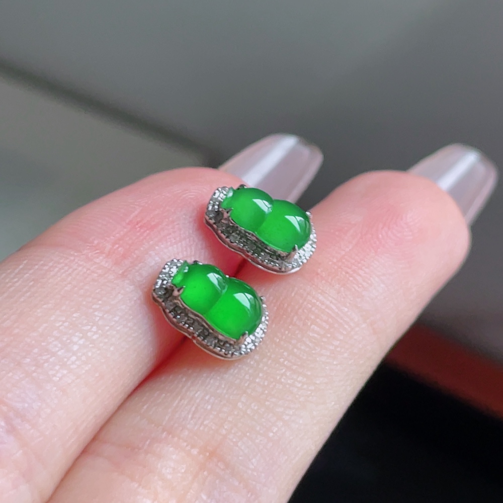️ 冰阳绿葫芦耳钉 色泽鲜艳 种老水润 18k金镶嵌 整体 9.7/6.7 裸石 7.9/4.9
