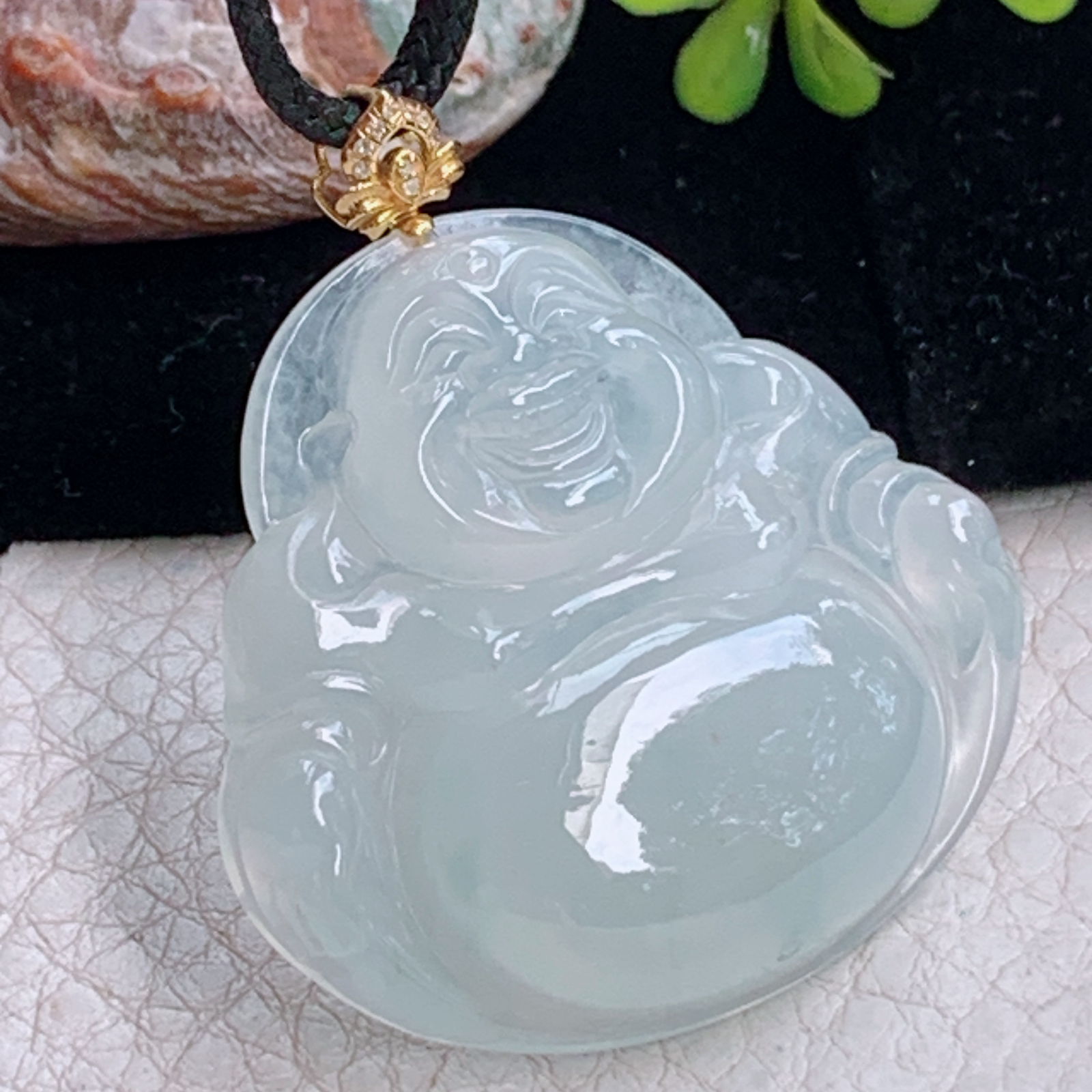 zz3实拍35.6*38.5*7天然缅甸翡翠冰透大佛公吊坠 镶金扣白月光弥勒佛像项坠