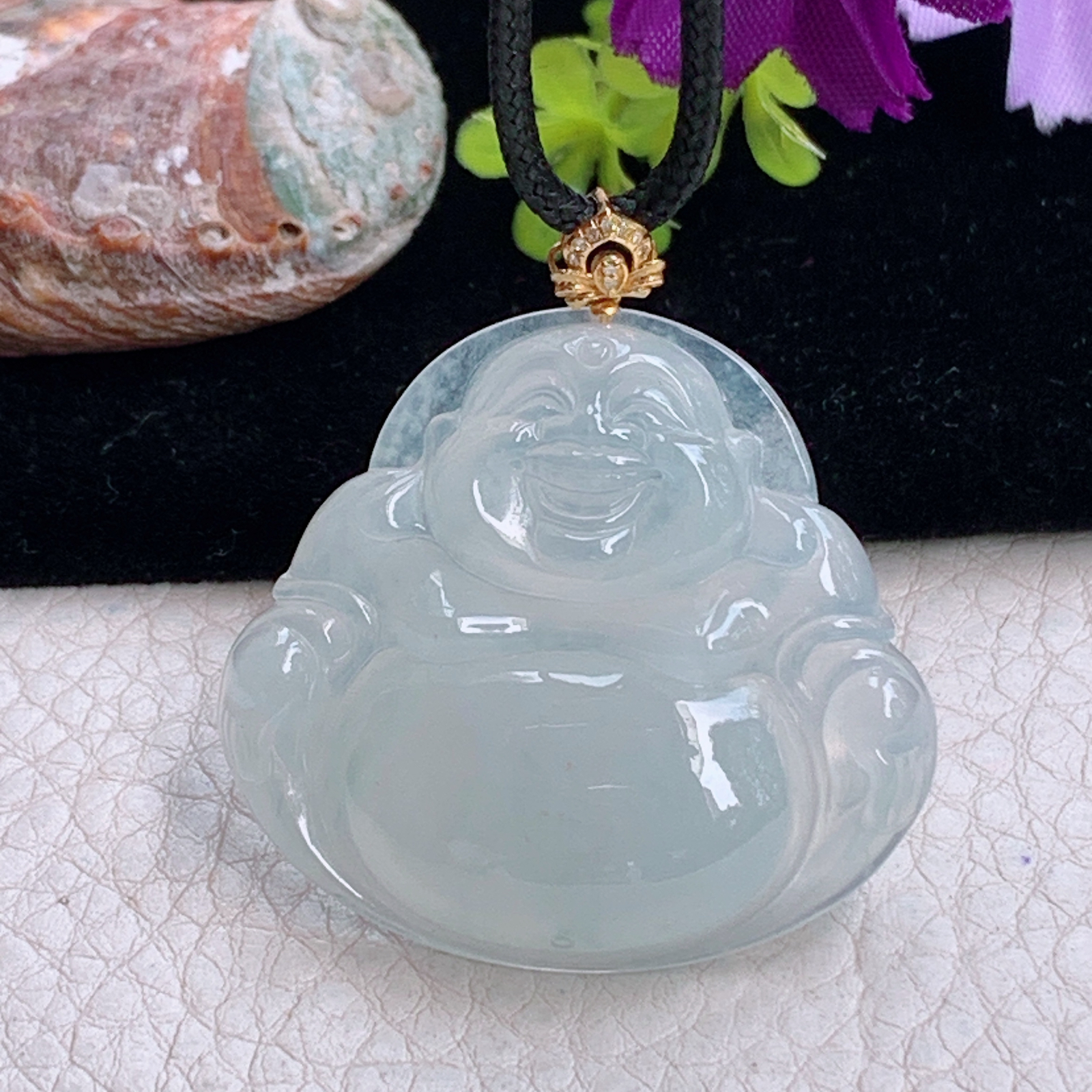 zz3实拍35.6*38.5*7天然缅甸翡翠冰透大佛公吊坠 镶金扣白月光弥勒佛像项坠