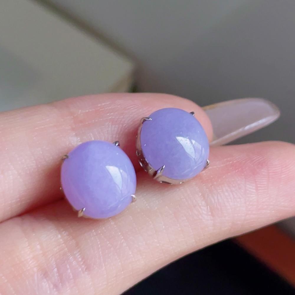 ️ 冰紫底蛋面耳钉 色泽浓郁 种老水润 18k金镶嵌 尺寸 10.6/9.8/5
