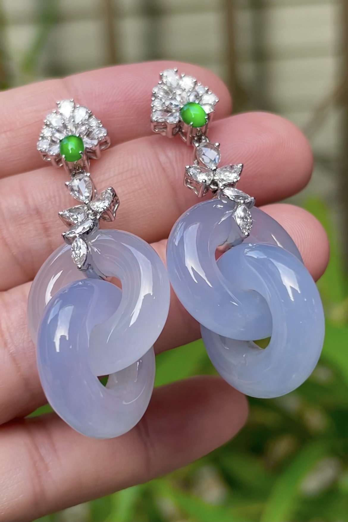 ️5【高冰，双环扣耳环】大件饱满，通透水润，玉质细腻，翠色鲜艳，18k金奢华钻石镶嵌️，25.3-18.4-5.6