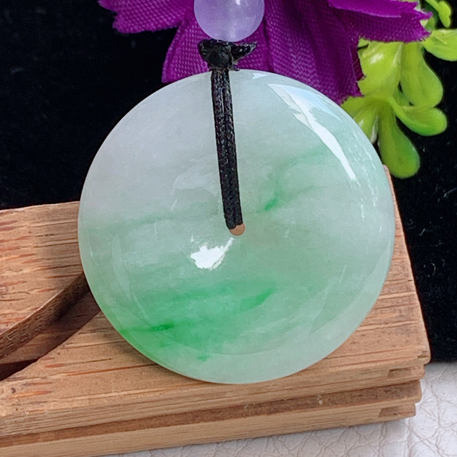 zz3实拍25*5天然缅甸翡翠飘绿花平安扣吊坠