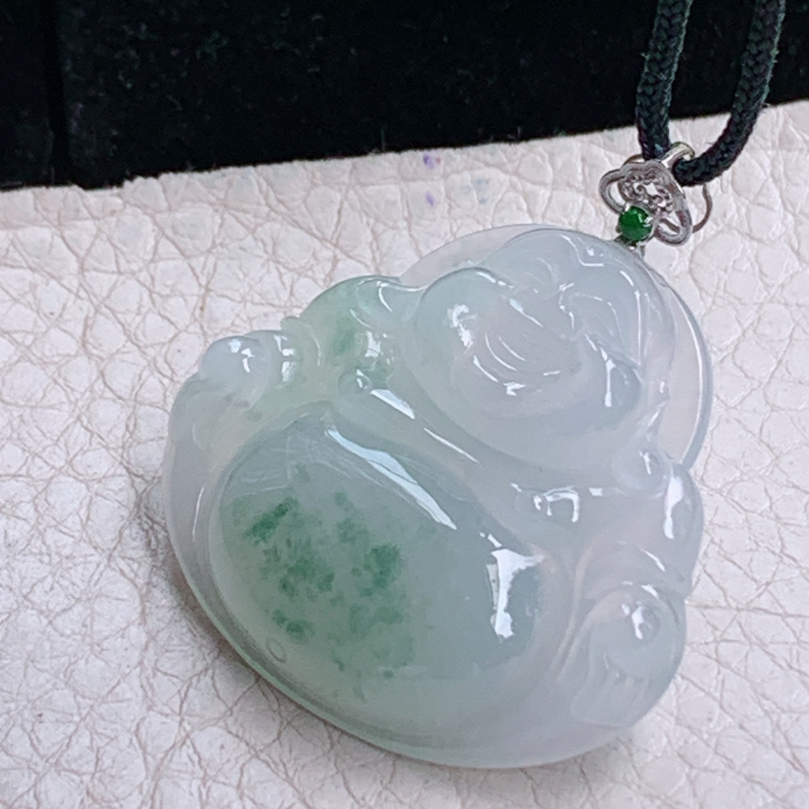 zz3实拍31.5*35.2*6天然缅甸翡翠冰飘花大佛公吊坠 镶金扣弥勒佛像毛衣坠