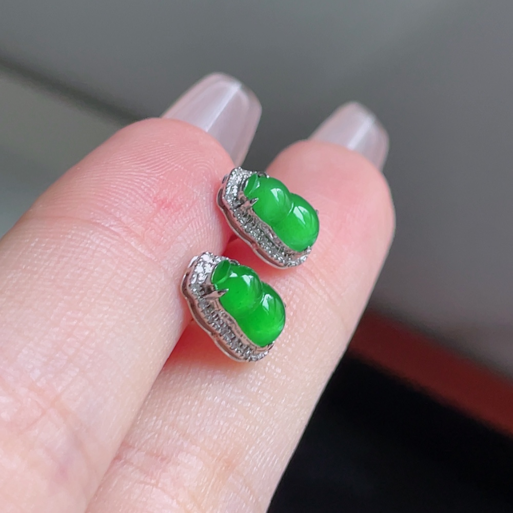 ️ 冰阳绿葫芦耳钉 色泽鲜艳 种老水润 18k金镶嵌 整体 9.7/6.7 裸石 7.9/4.9