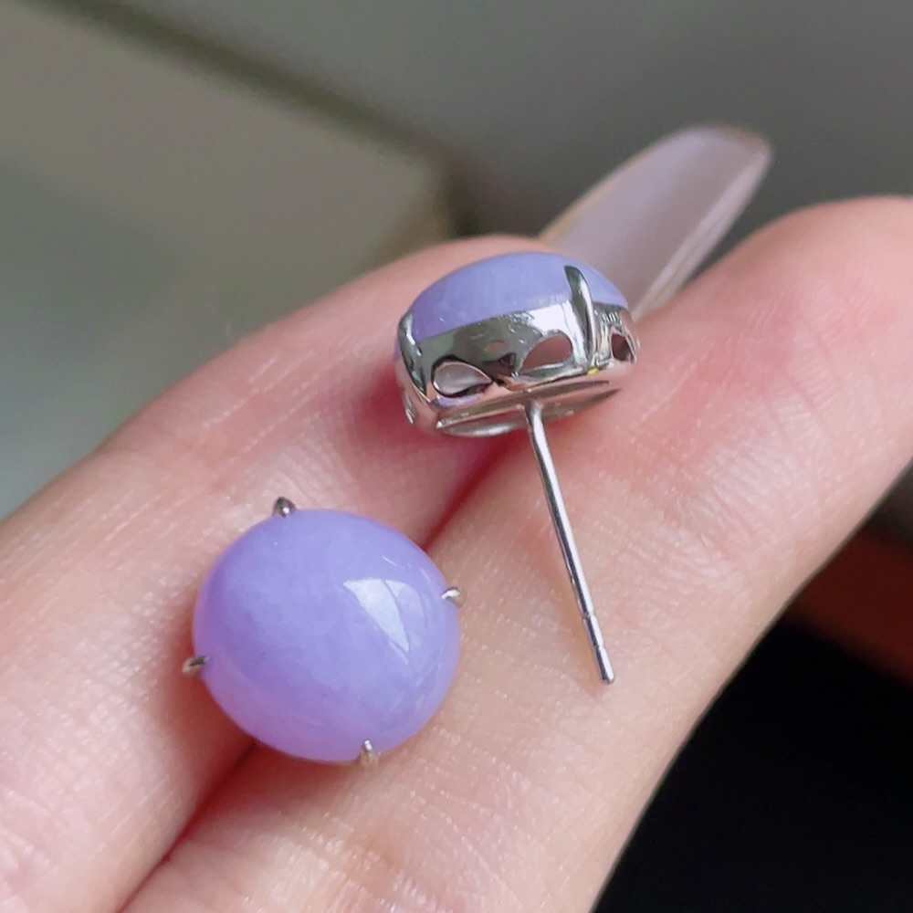 ️ 冰紫底蛋面耳钉 色泽浓郁 种老水润 18k金镶嵌 尺寸 10.6/9.8/5