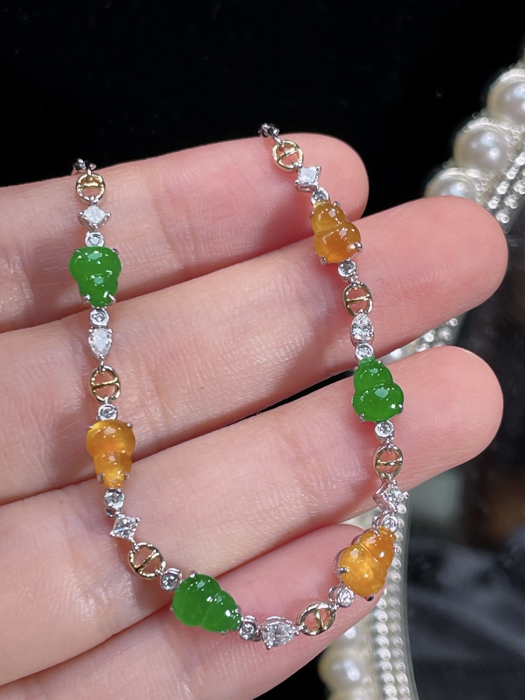 ️天然缅甸翡翠A货 双彩葫芦手链 18k金镶嵌钻石 细腻水灵 实拍接近，7-5.4-2.3