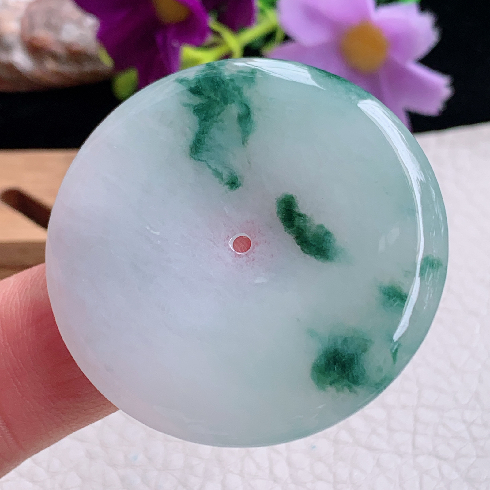 zz3实拍43*5.3天然缅甸翡翠飘花大平安扣吊坠 简约高雅玉扣毛衣坠