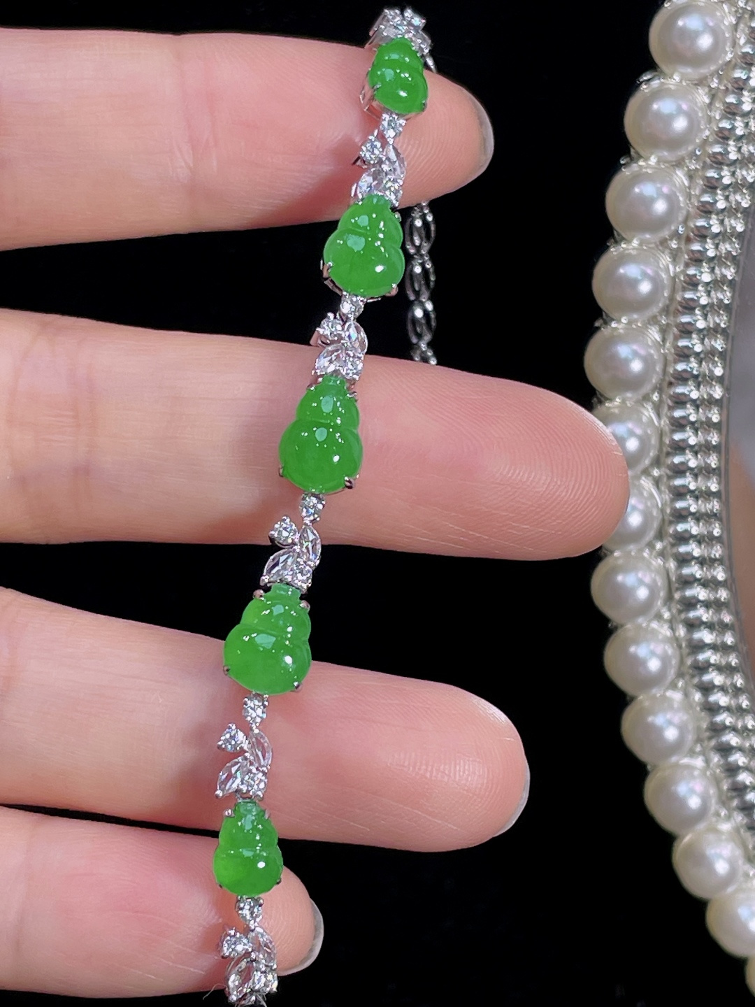 ️天然缅甸翡翠A货 满绿葫芦手链 18k金镶嵌钻石 细腻水灵 实拍接近，9.2-6.8-3.6