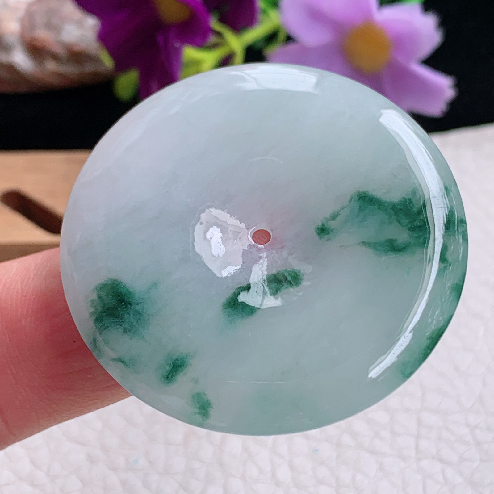 zz3实拍43*5.3天然缅甸翡翠飘花大平安扣吊坠 简约高雅玉扣毛衣坠