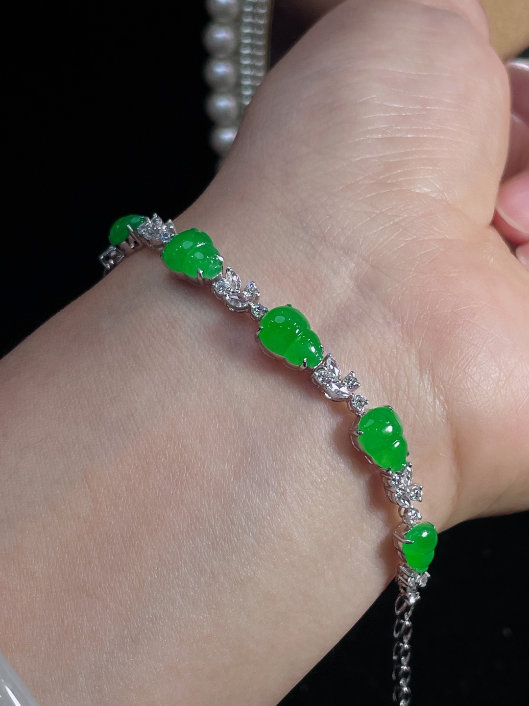 ️天然缅甸翡翠A货 满绿葫芦手链 18k金镶嵌钻石 细腻水灵 实拍接近，9.2-6.8-3.6