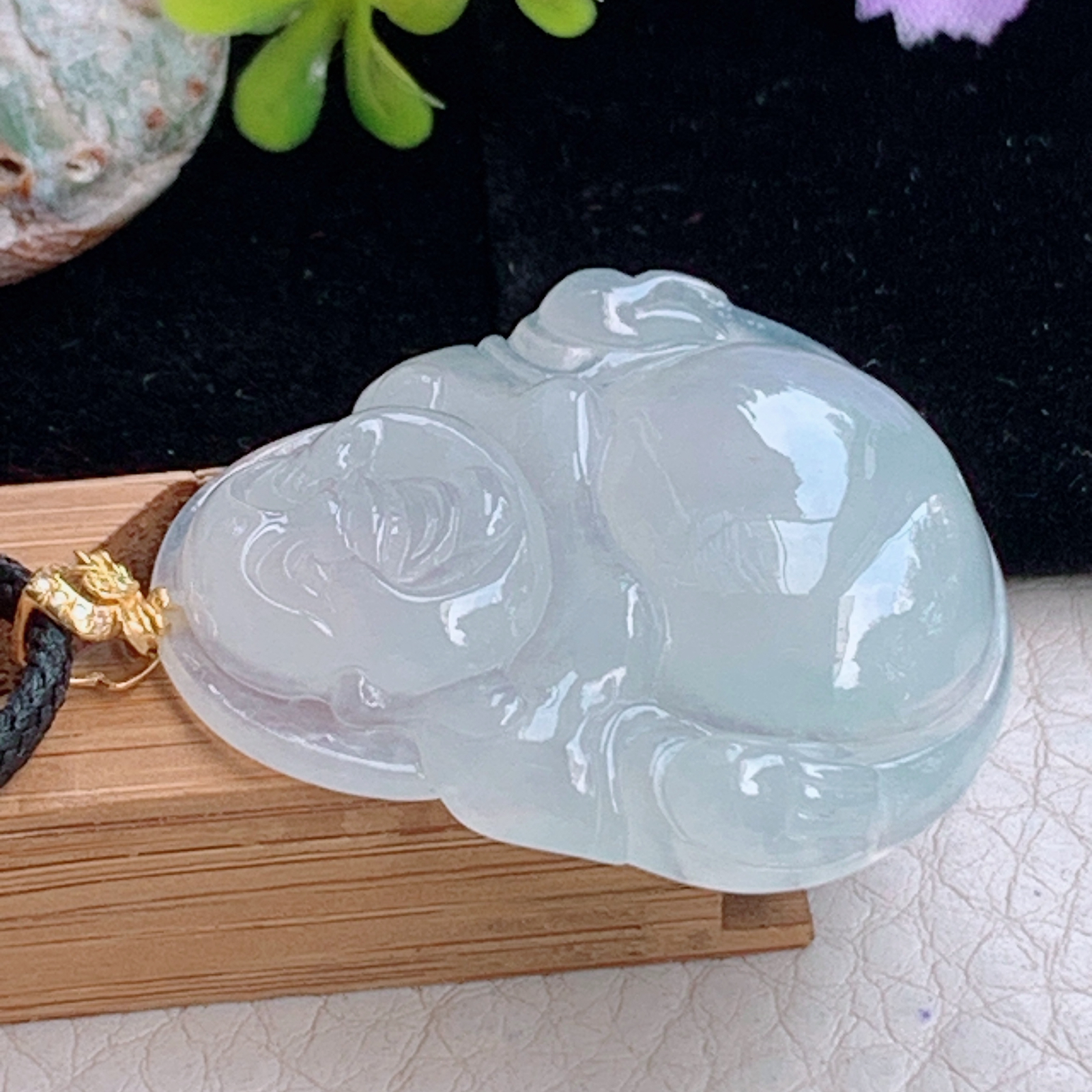 zz3实拍35.6*38.5*7天然缅甸翡翠冰透大佛公吊坠 镶金扣白月光弥勒佛像项坠