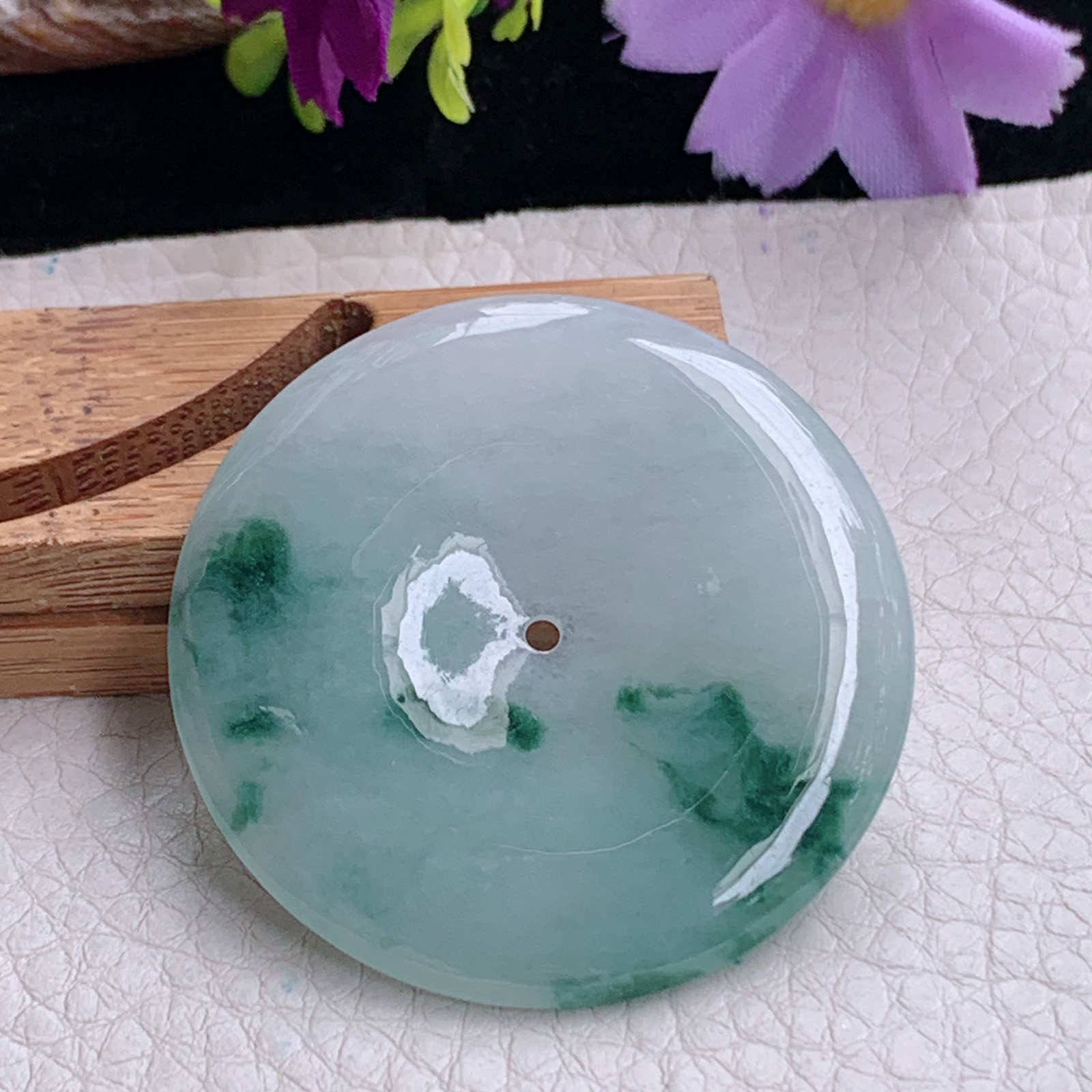 zz3实拍43*5.3天然缅甸翡翠飘花大平安扣吊坠 简约高雅玉扣毛衣坠