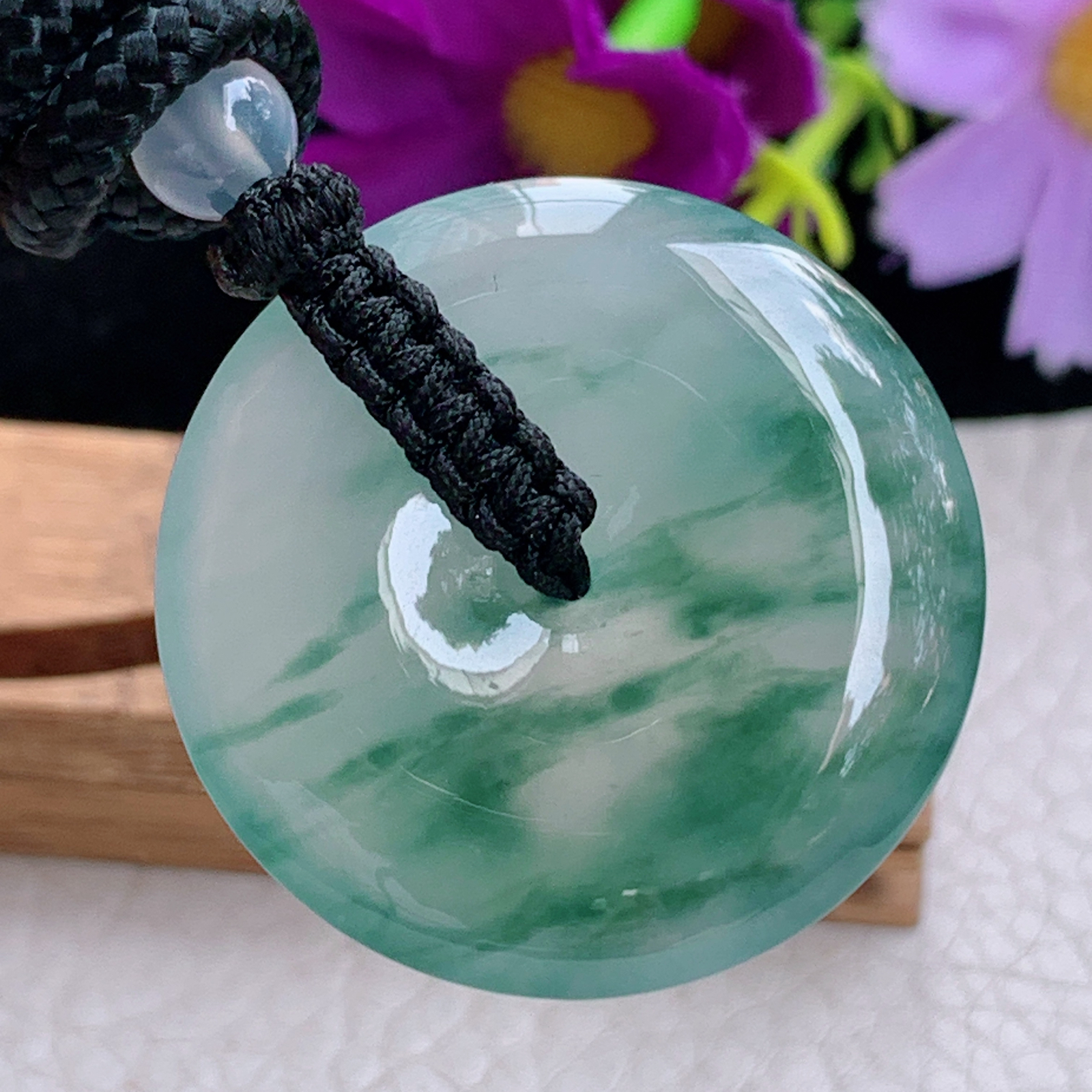 zz3实拍31.6*6天然缅甸翡翠冰飘花平安扣吊坠 简约高贵玉扣