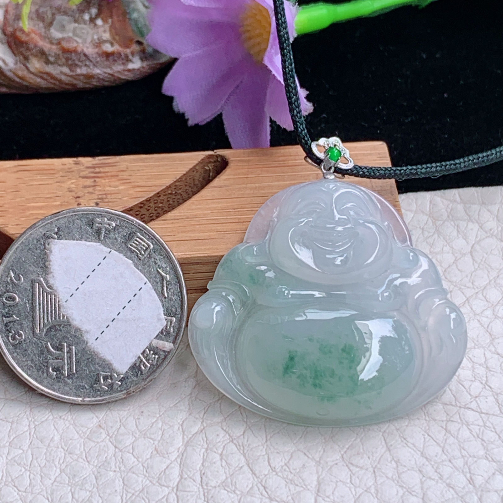 zz3实拍31.5*35.2*6天然缅甸翡翠冰飘花大佛公吊坠 镶金扣弥勒佛像毛衣坠
