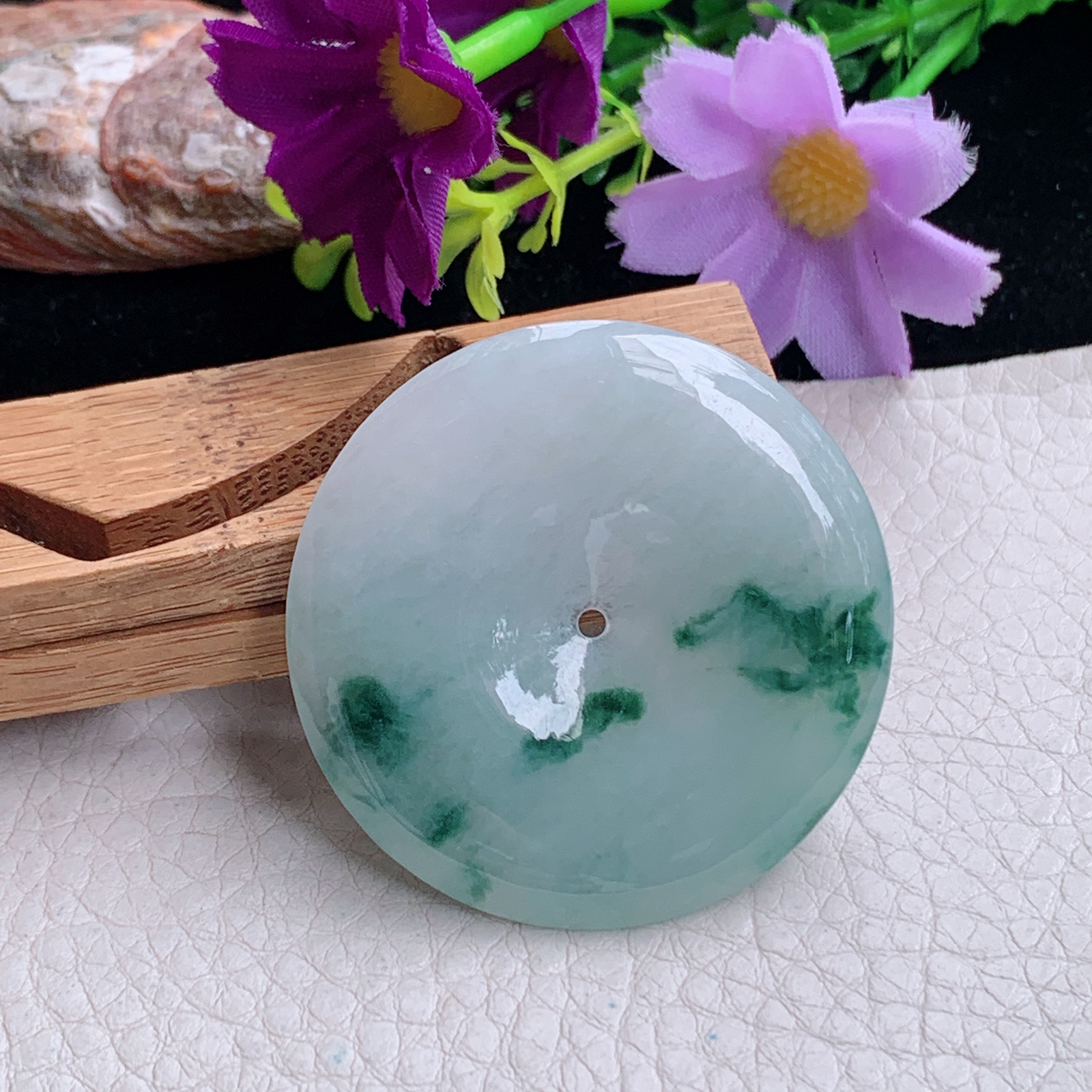 zz3实拍43*5.3天然缅甸翡翠飘花大平安扣吊坠 简约高雅玉扣毛衣坠