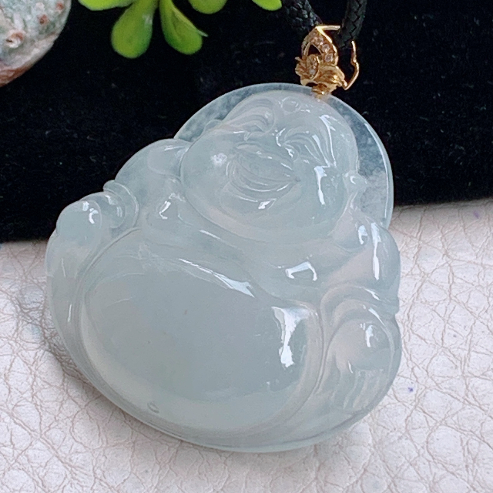 zz3实拍35.6*38.5*7天然缅甸翡翠冰透大佛公吊坠 镶金扣白月光弥勒佛像项坠