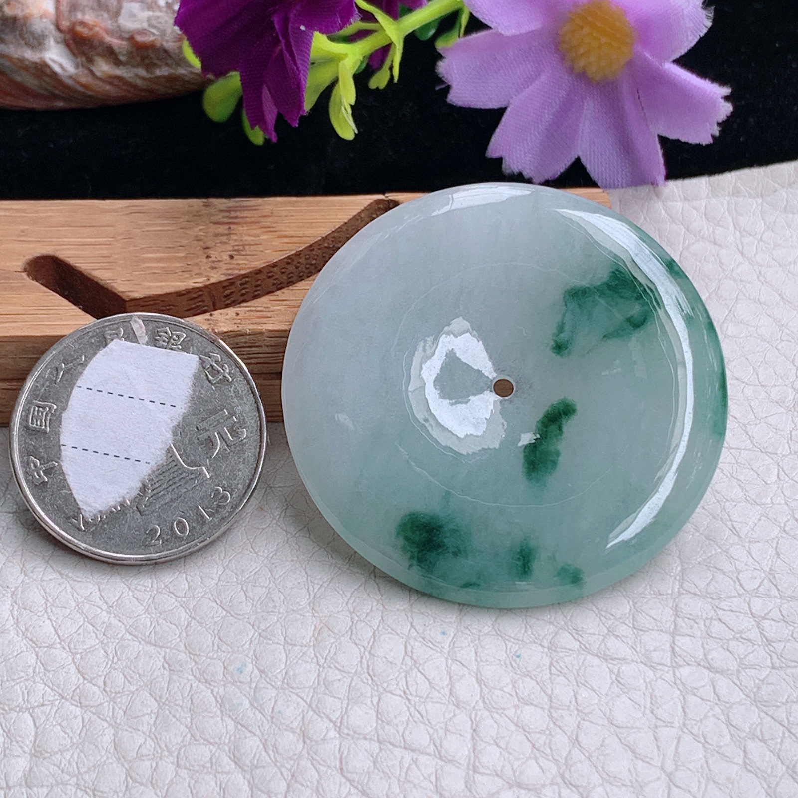 zz3实拍43*5.3天然缅甸翡翠飘花大平安扣吊坠 简约高雅玉扣毛衣坠