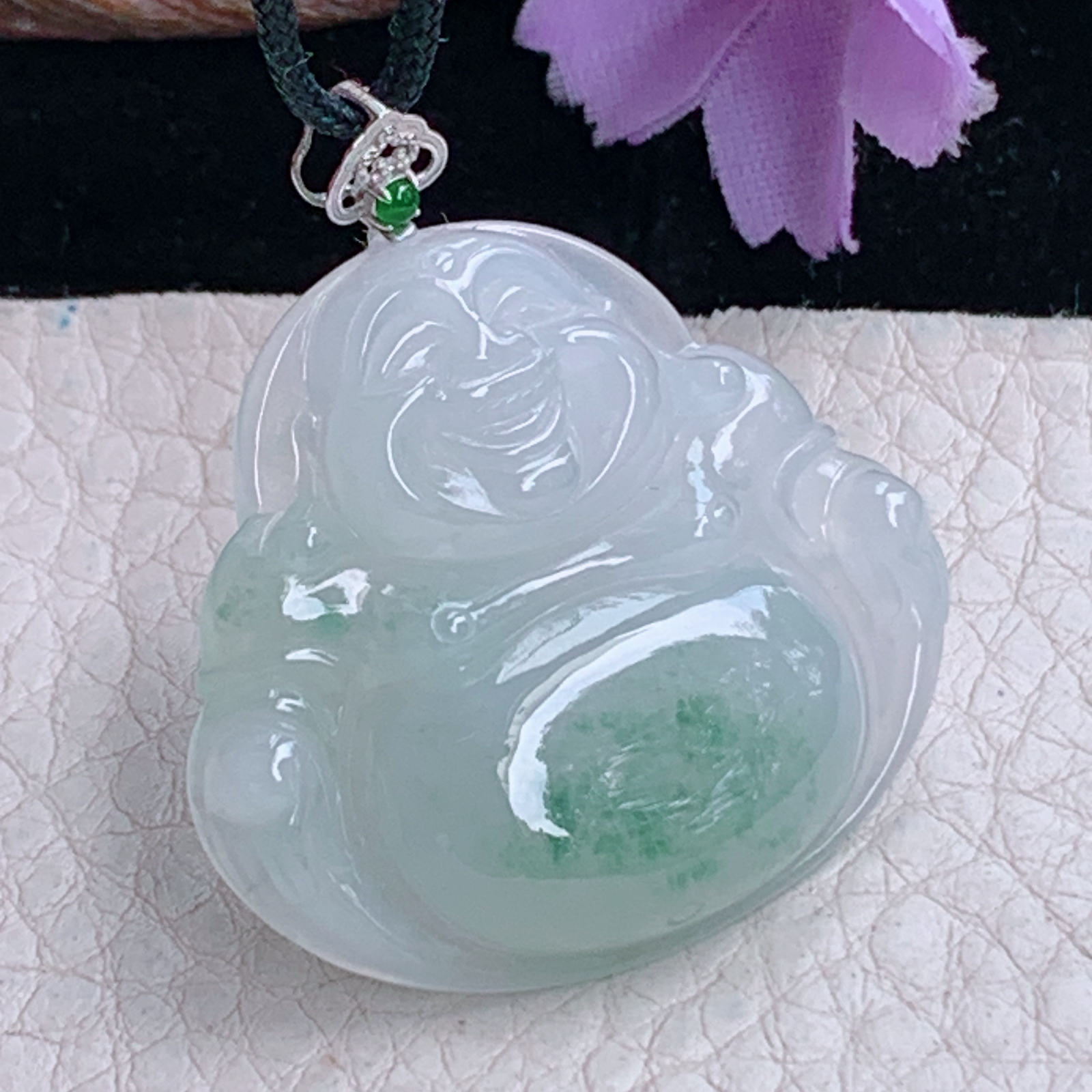 zz3实拍31.5*35.2*6天然缅甸翡翠冰飘花大佛公吊坠 镶金扣弥勒佛像毛衣坠