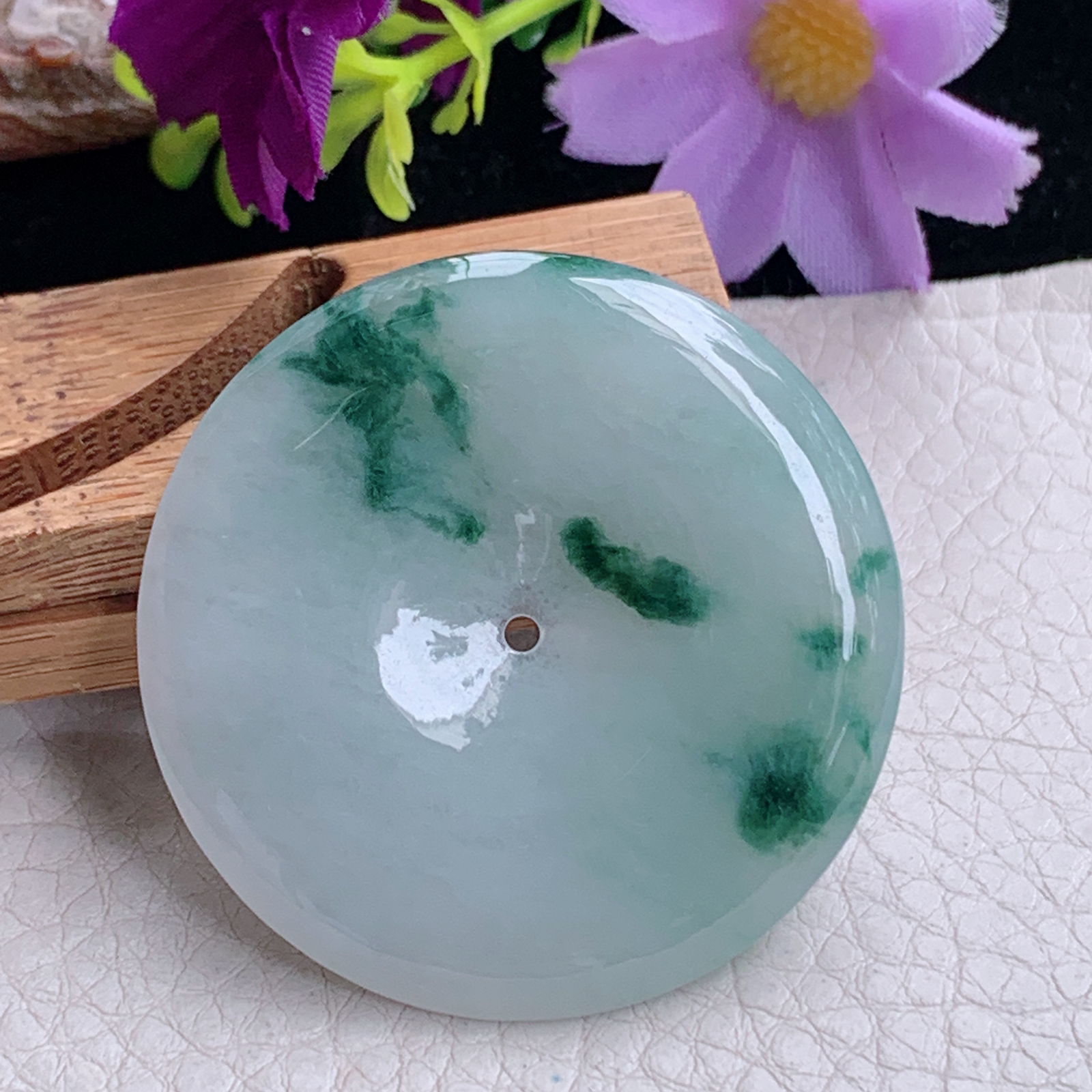 zz3实拍43*5.3天然缅甸翡翠飘花大平安扣吊坠 简约高雅玉扣毛衣坠