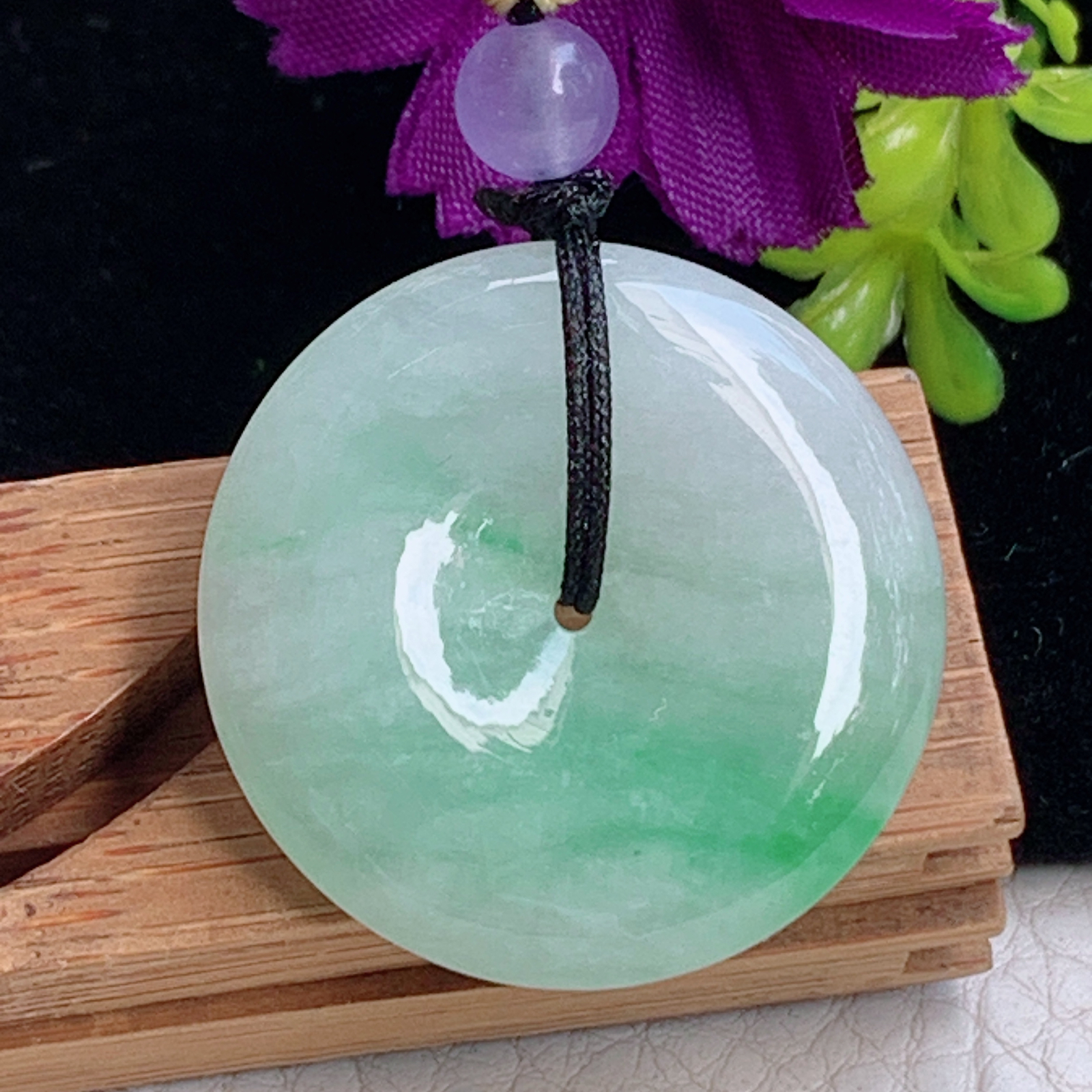 zz3实拍25*5天然缅甸翡翠飘绿花平安扣吊坠