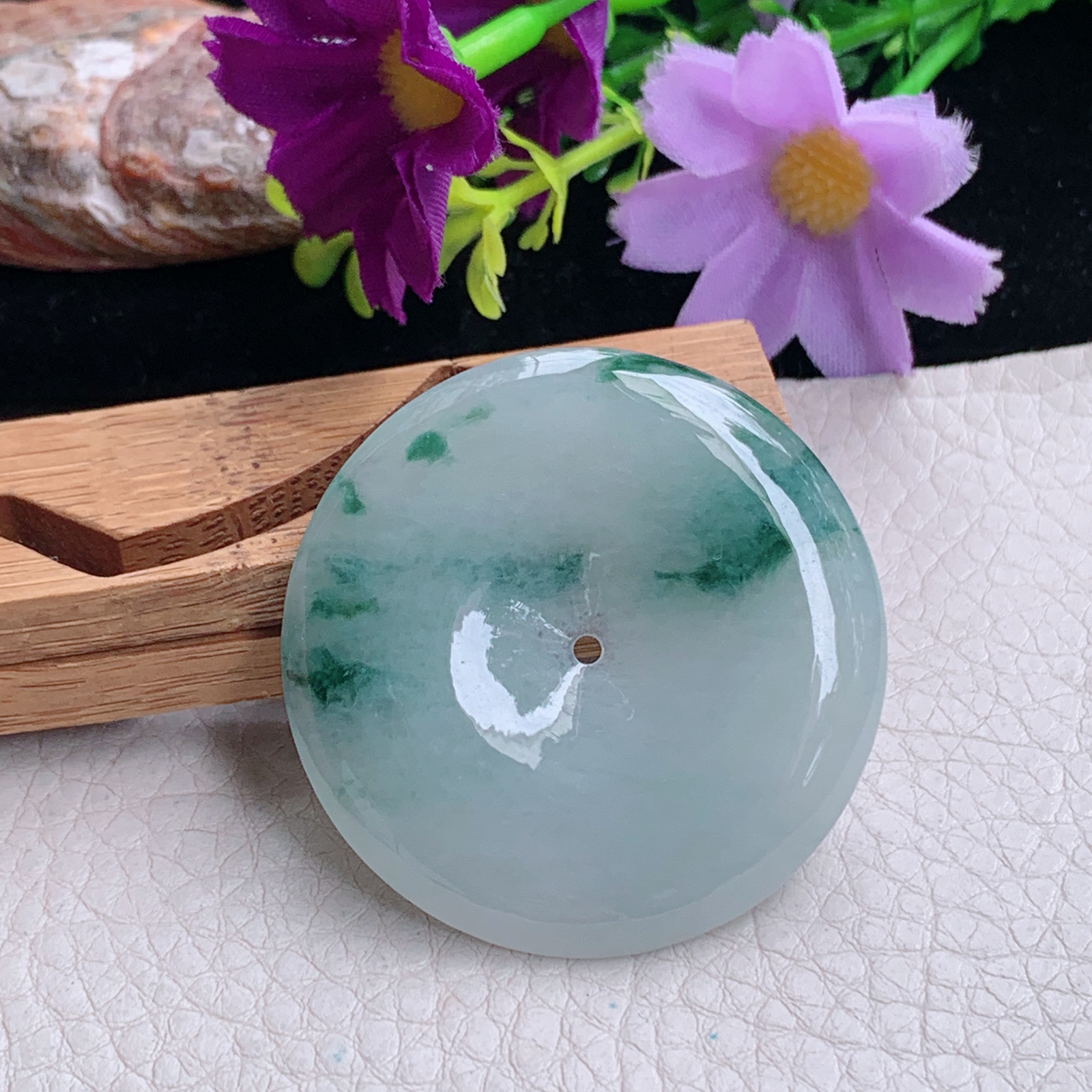 zz3实拍43*5.3天然缅甸翡翠飘花大平安扣吊坠 简约高雅玉扣毛衣坠