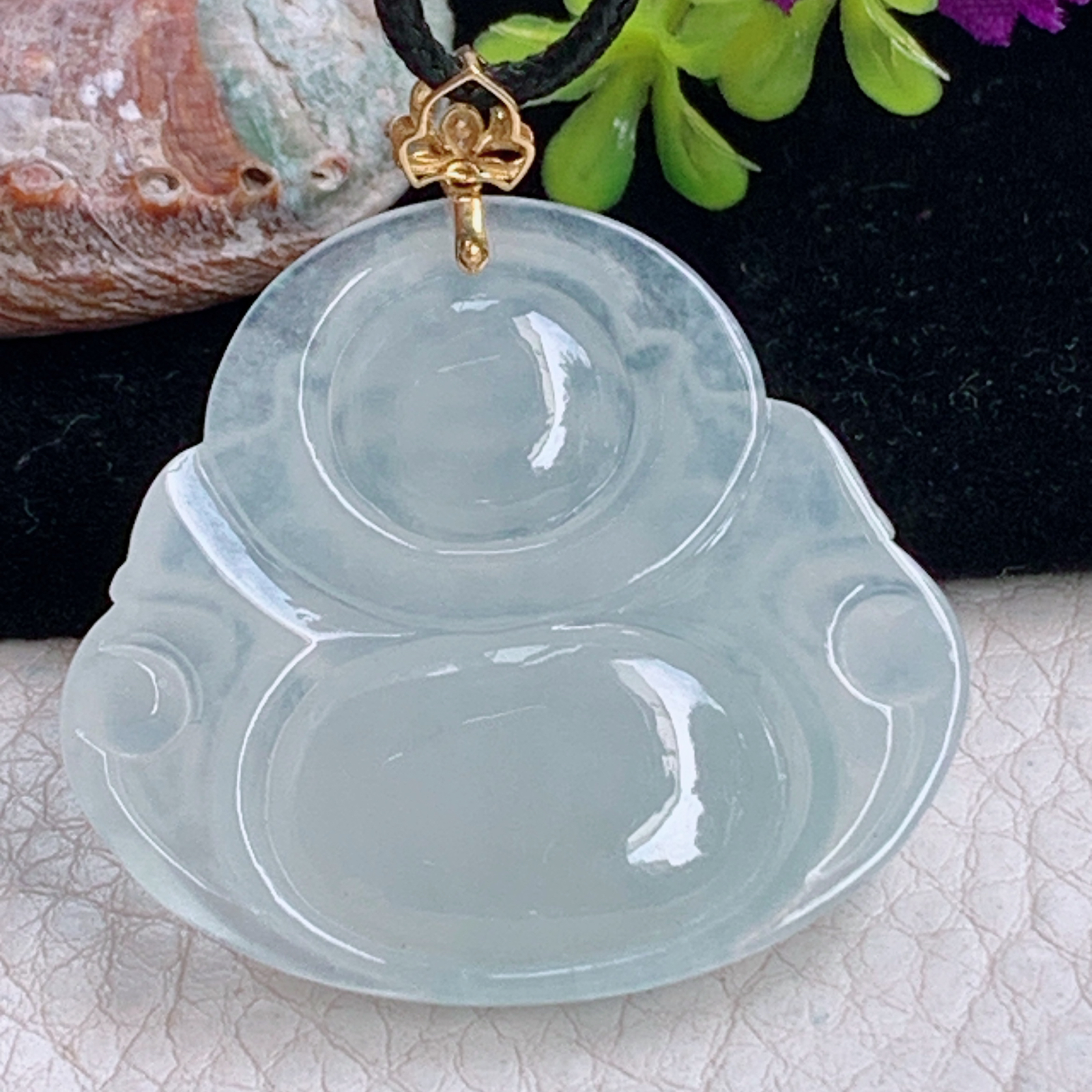 zz3实拍35.6*38.5*7天然缅甸翡翠冰透大佛公吊坠 镶金扣白月光弥勒佛像项坠