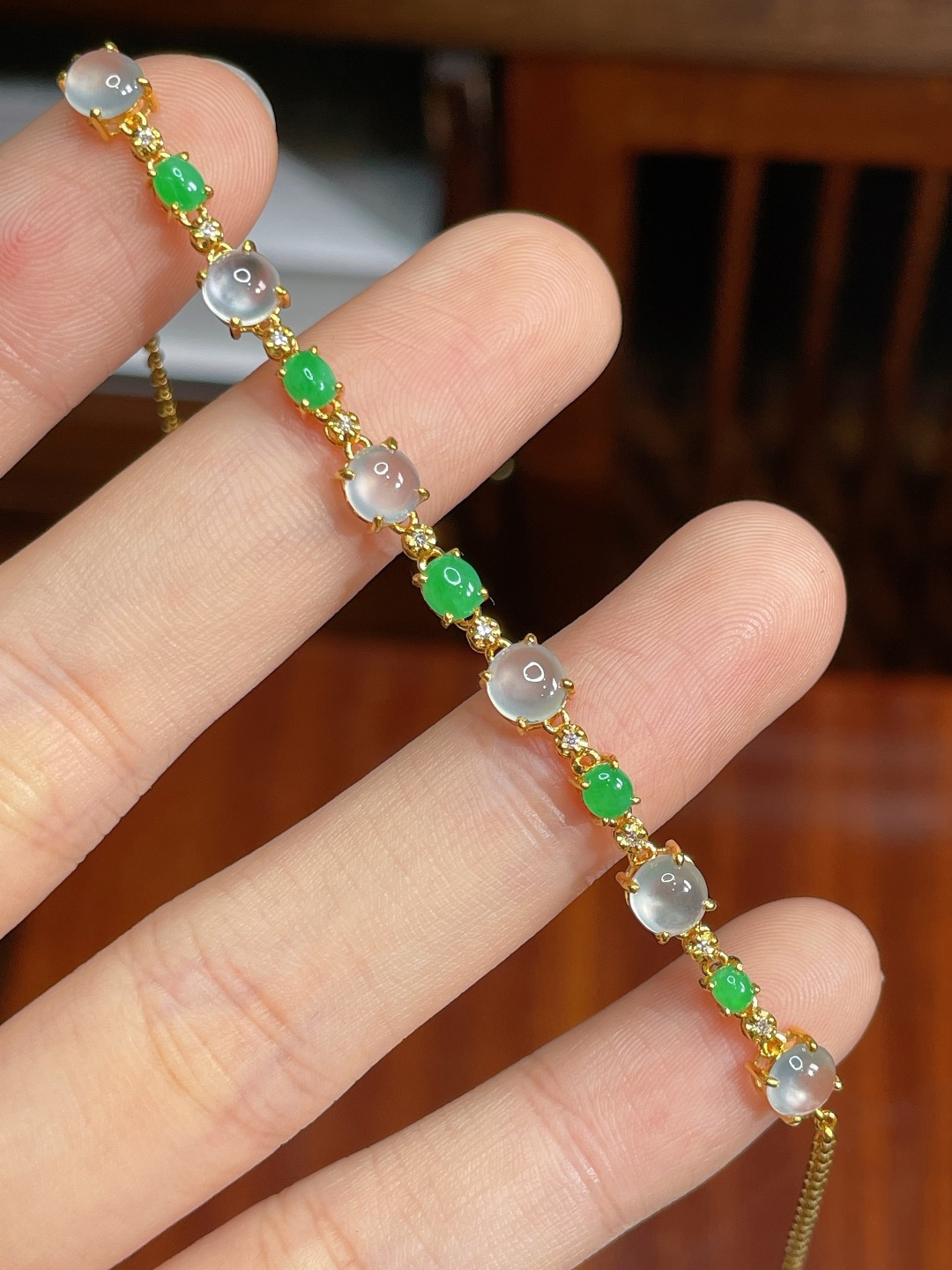 ️冰种蛋面手链 无裂 18k金镶嵌 ，5.3-4.7-1.7