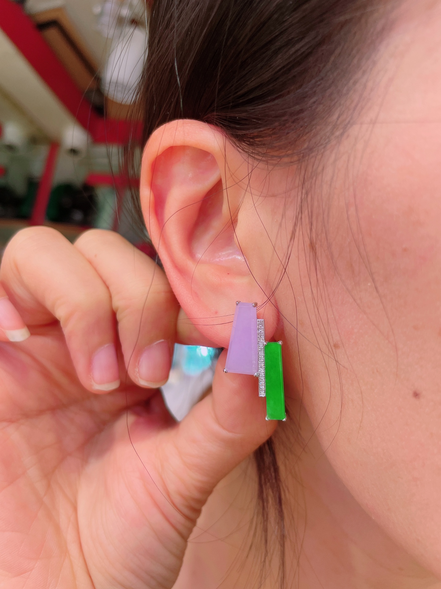 ️高冰绿紫牌耳钉 晶莹剔透，新颖时尚，无裂，11-7-3