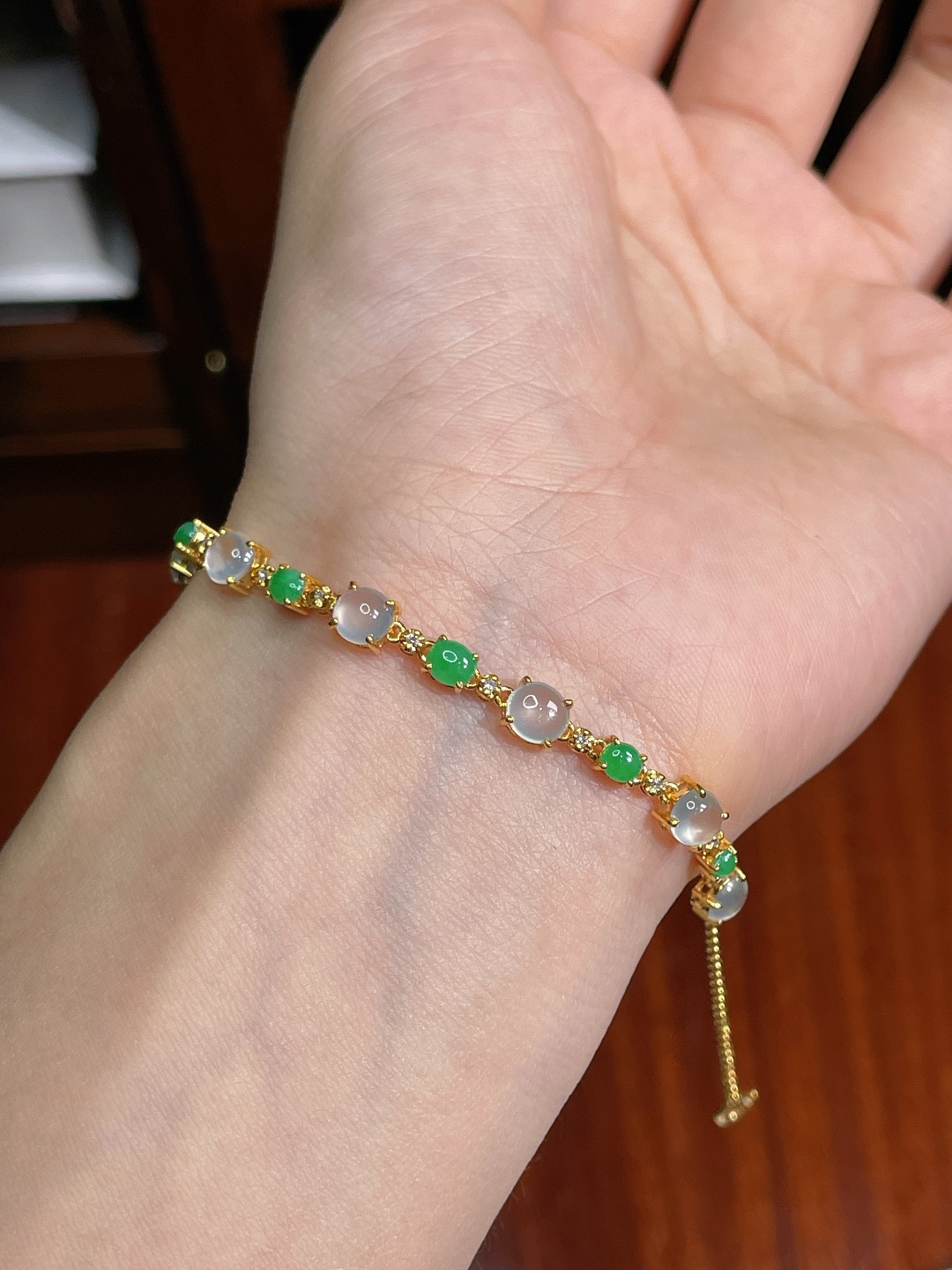 ️冰种蛋面手链 无裂 18k金镶嵌 ，5.3-4.7-1.7