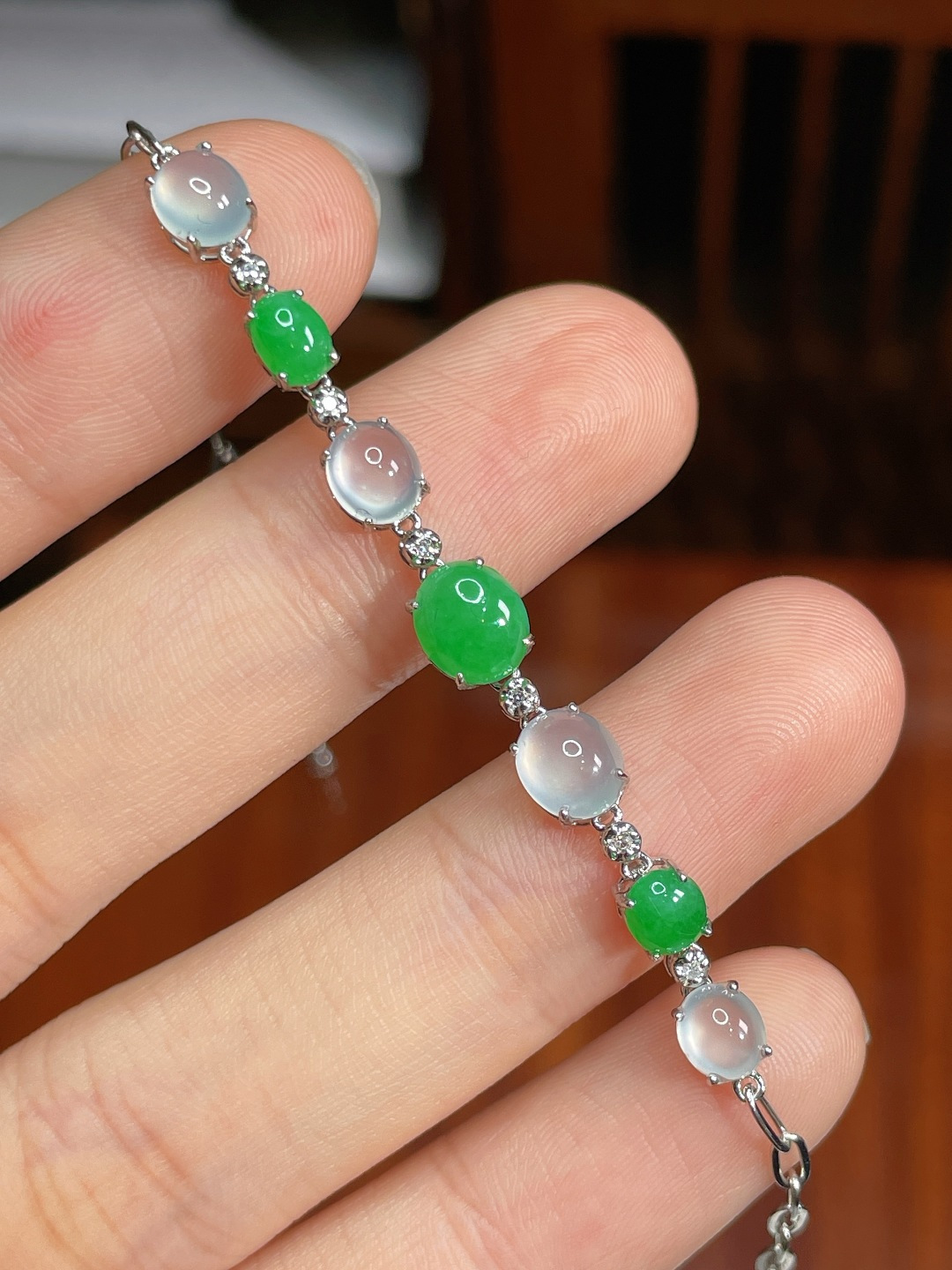 ️冰种蛋面手链 无裂 18k金镶嵌 ，6.6-5.7-2.1