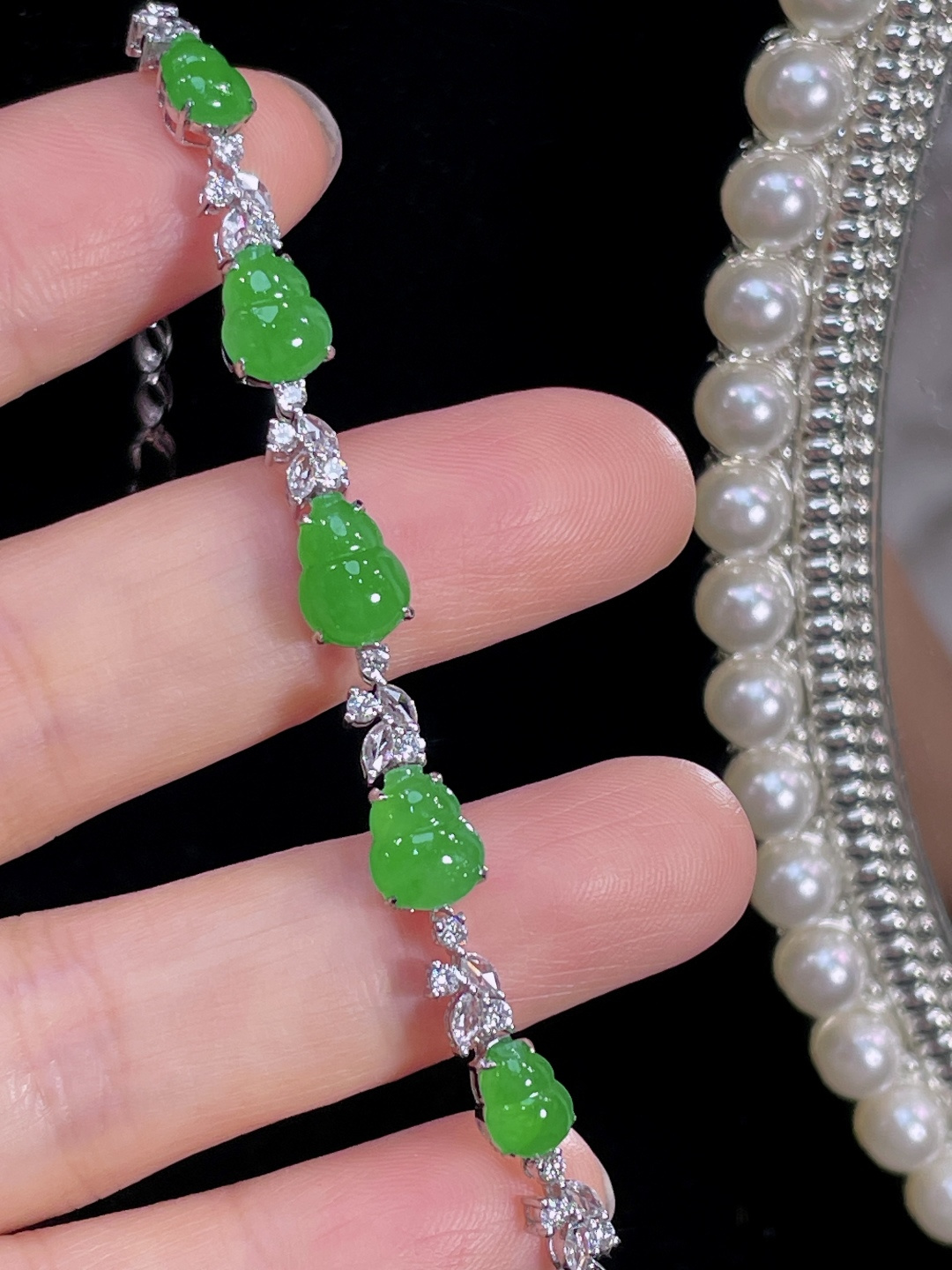 ️天然缅甸翡翠A货 满绿葫芦手链 18k金镶嵌钻石 细腻水灵 实拍接近，9.2-6.8-3.6