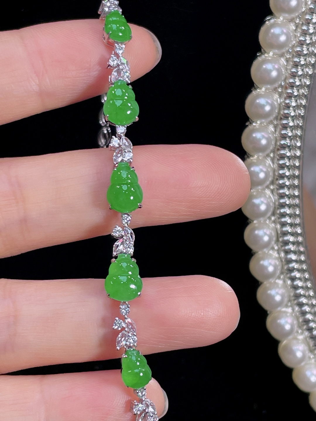 ️天然缅甸翡翠A货 满绿葫芦手链 18k金镶嵌钻石 细腻水灵 实拍接近，9.2-6.8-3.6