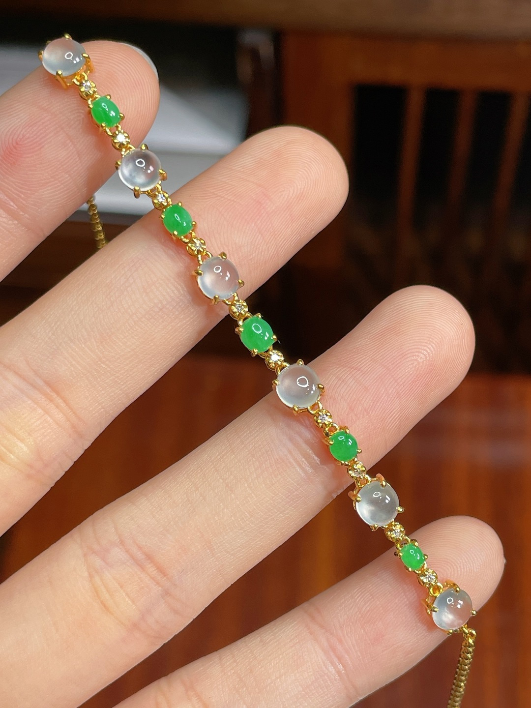 ️冰种蛋面手链 无裂 18k金镶嵌 ，5.3-4.7-1.7