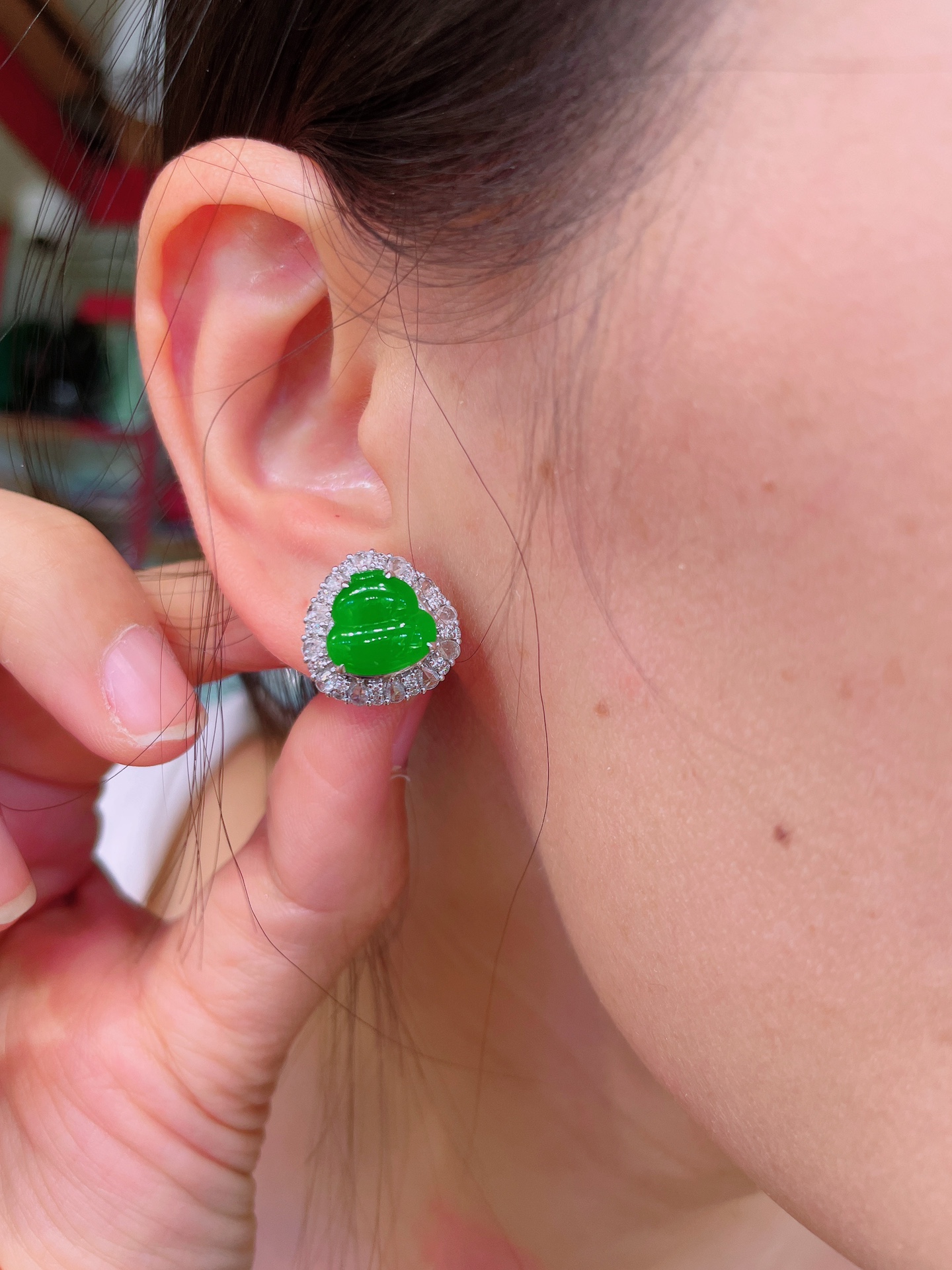 ️超值，高冰绿葫芦耳钉 晶莹剔透，新颖时尚，无裂，9-5-3