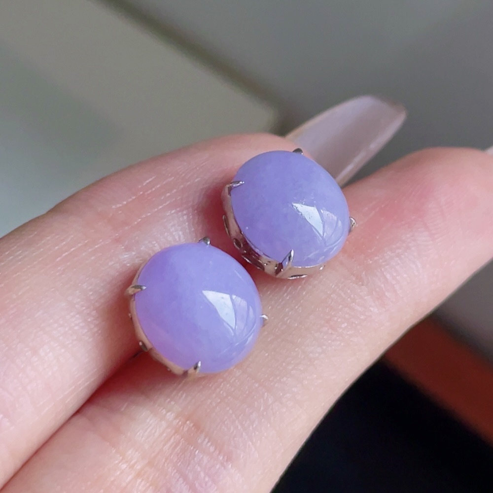 ️ 冰紫底蛋面耳钉 色泽浓郁 种老水润 18k金镶嵌 尺寸 10.6/9.8/5