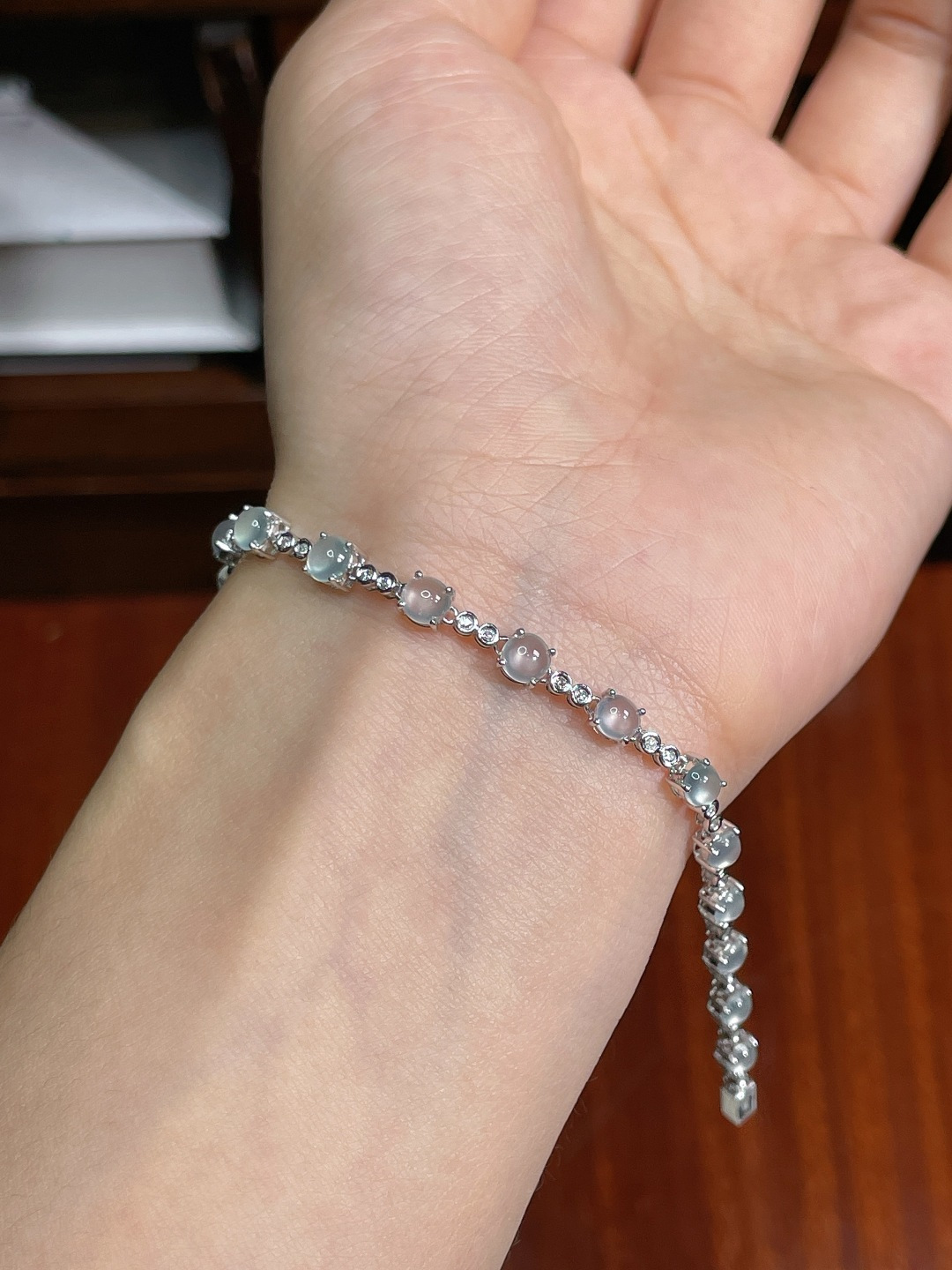 ️冰种蛋面手链 无裂 18k金镶嵌 ，3.9-3.7-2