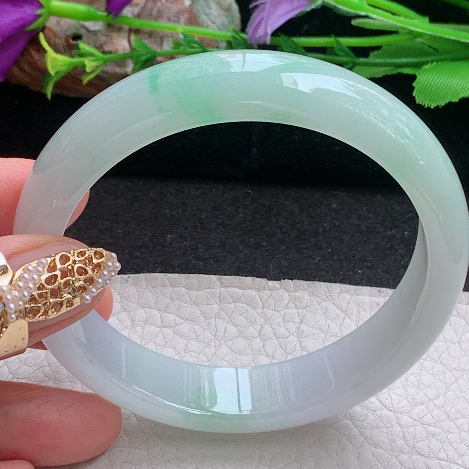 js大圈口61*14.3*7.8平安镯 天然缅甸翡翠a货手镯冰飘金丝阳阳正圈玉镯子