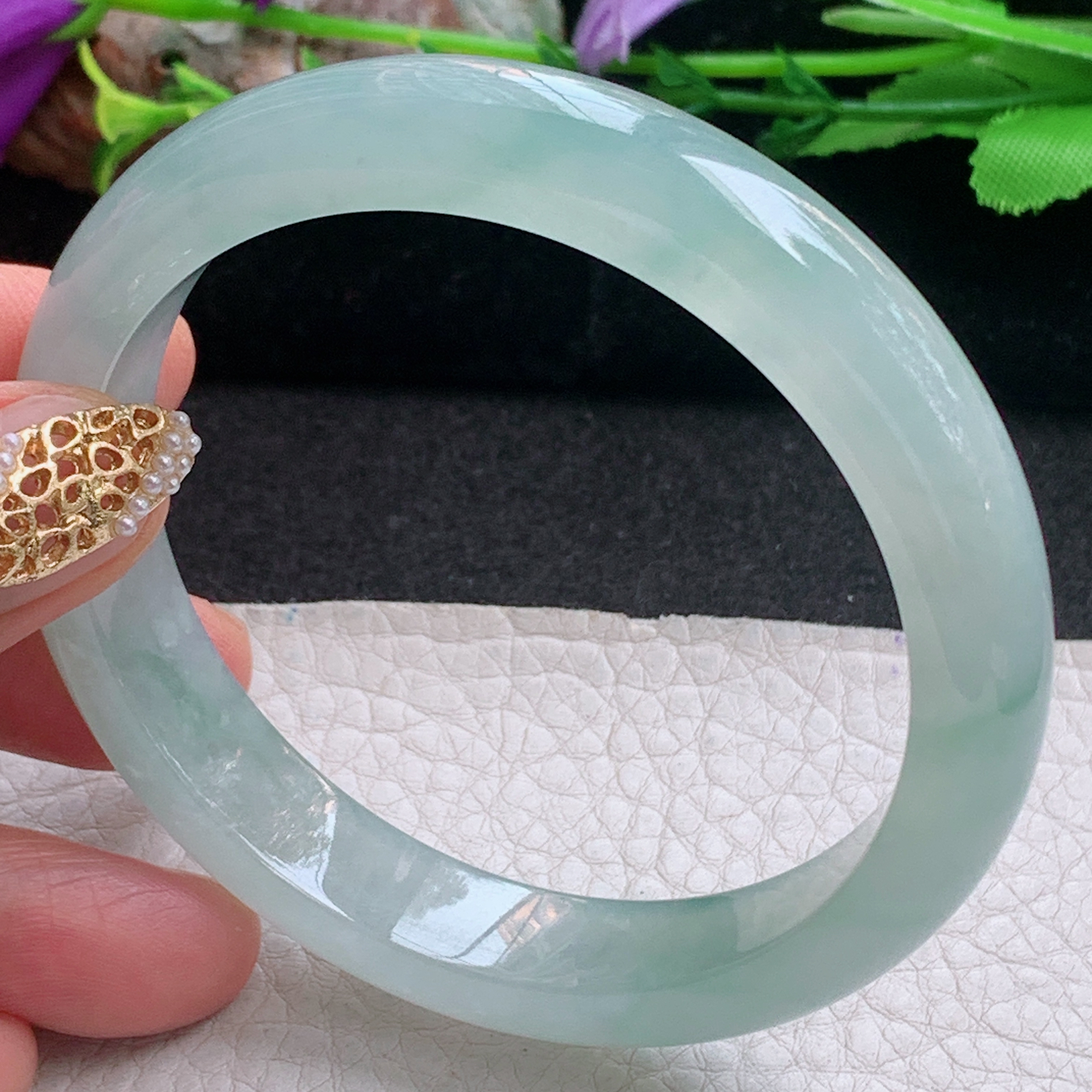 js实拍58.8*11.8*8平安镯 天然缅甸翡翠a货手镯冰纯晴绿正圈玉镯子