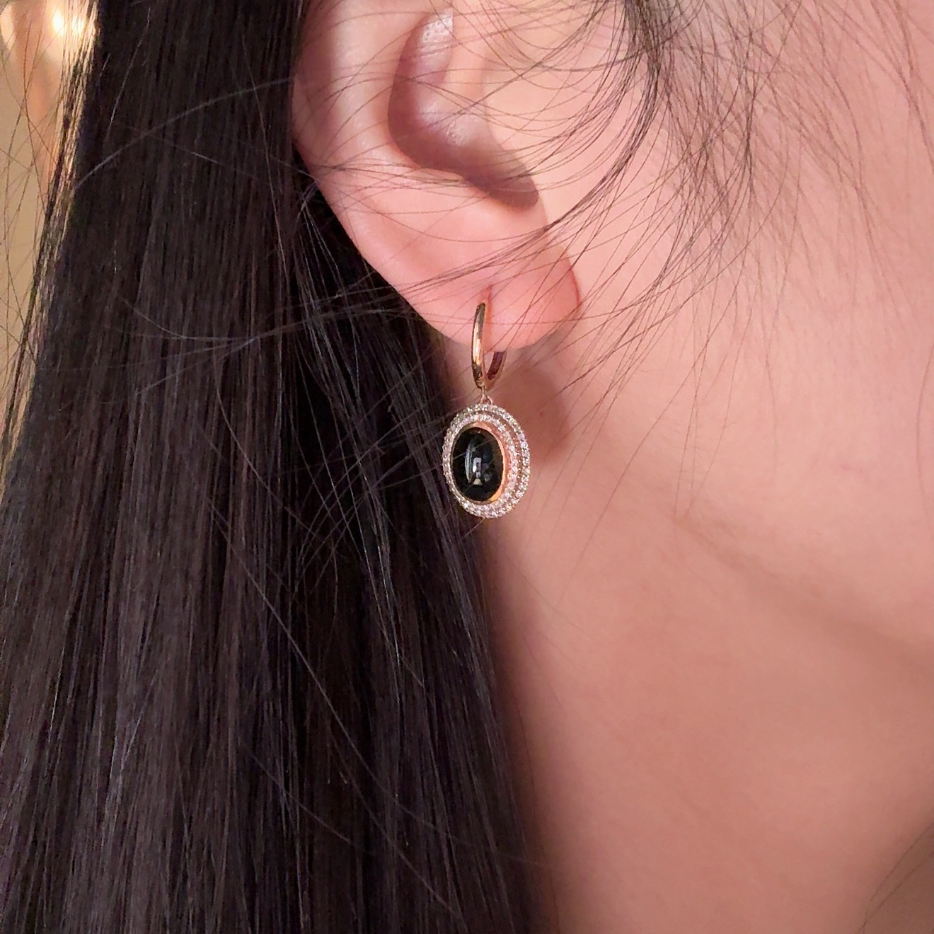 18k墨翠蛋面耳坠 满钻豪镶 打灯通透 油性十足 尺寸14.1