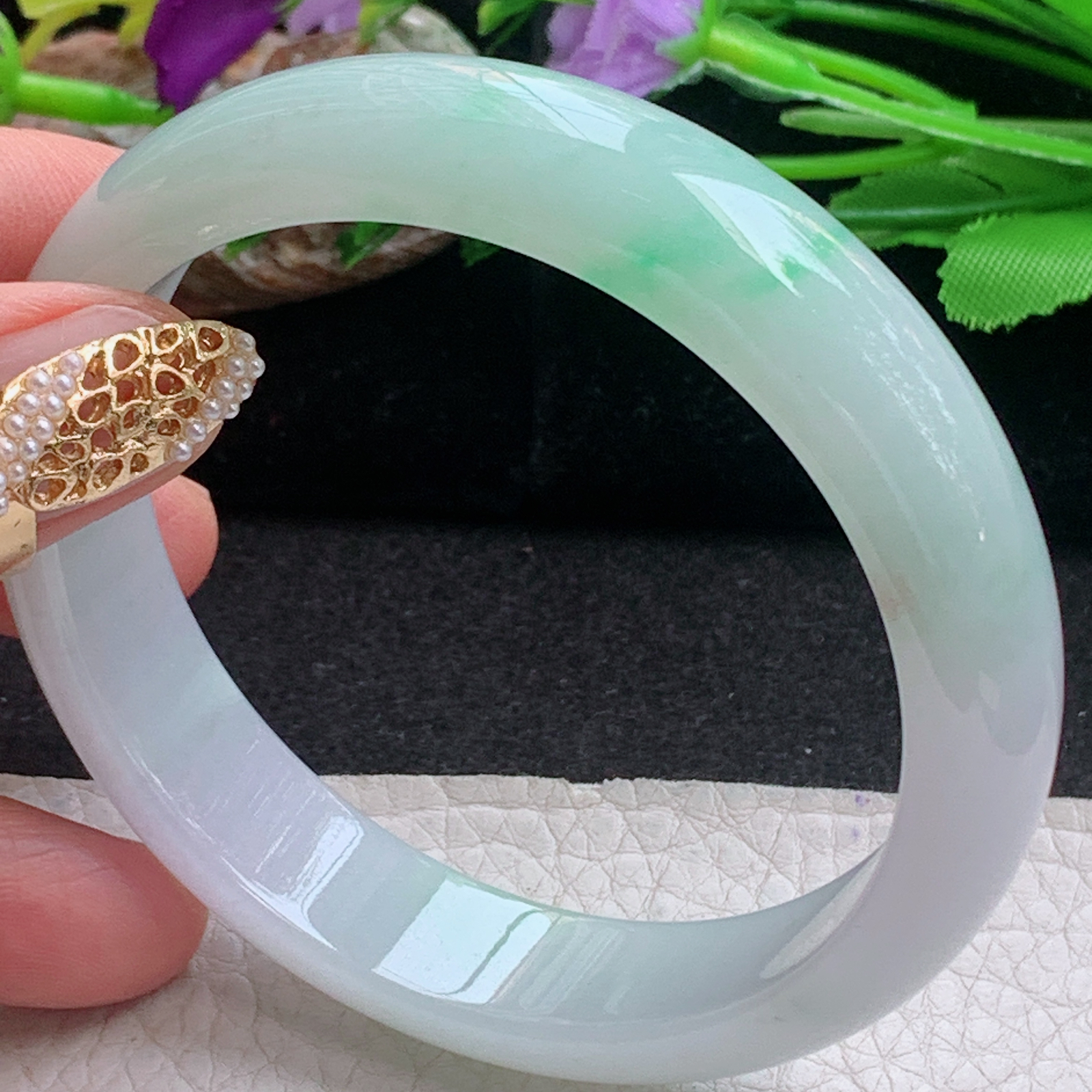 js大圈口61*14.3*7.8平安镯 天然缅甸翡翠a货手镯冰飘金丝阳阳正圈玉镯子