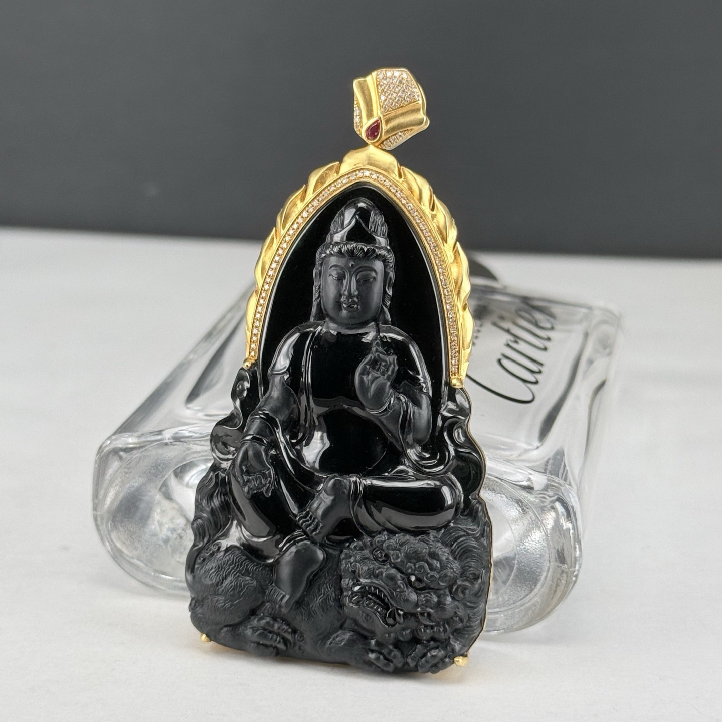 精品18k墨翠文殊菩萨 种好色正 黑度极好 打灯通透 油性十足 尺寸70.8