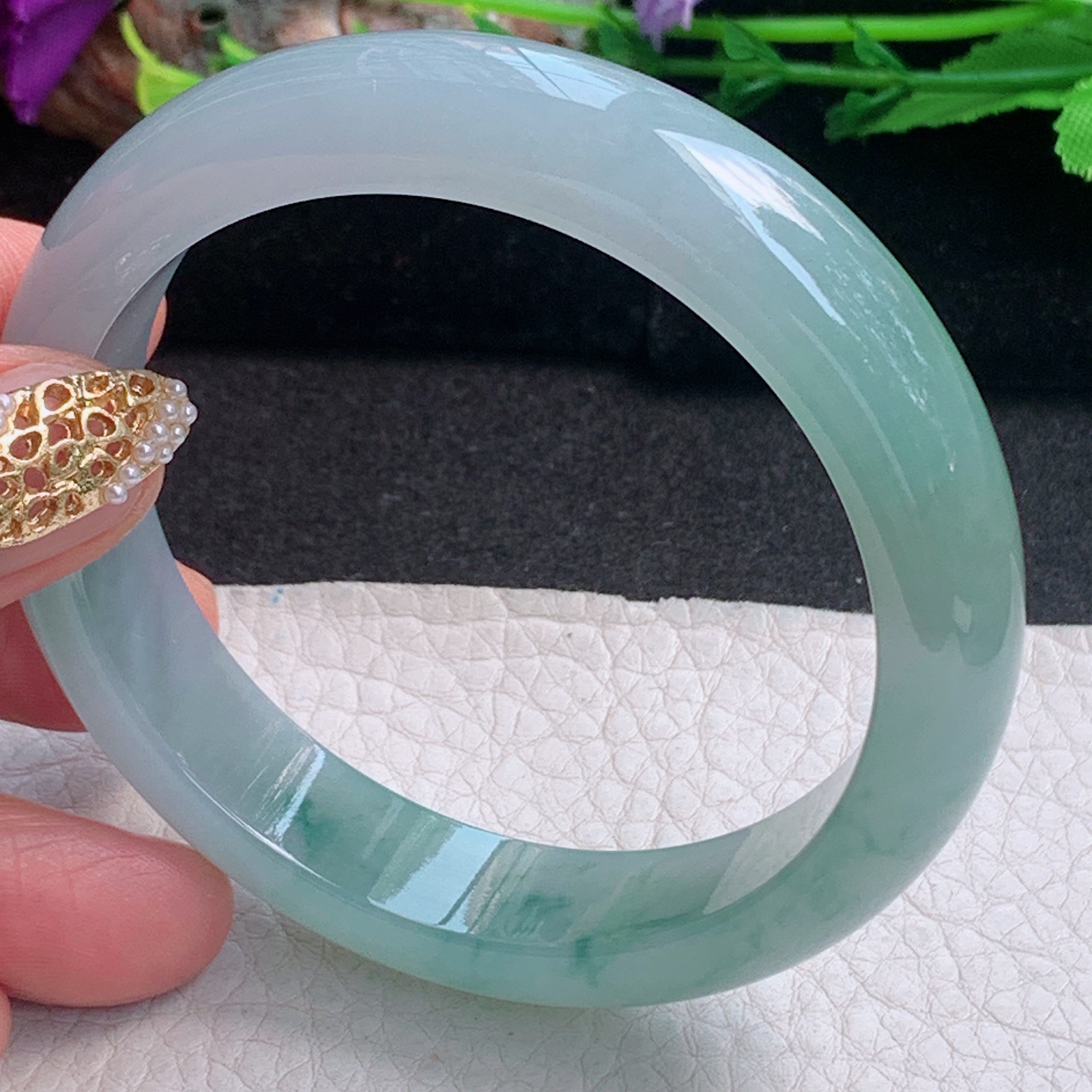 h飘逸款56.5*13*7.8平安镯 天然缅甸翡翠a货手镯冰飘花正圈玉镯子