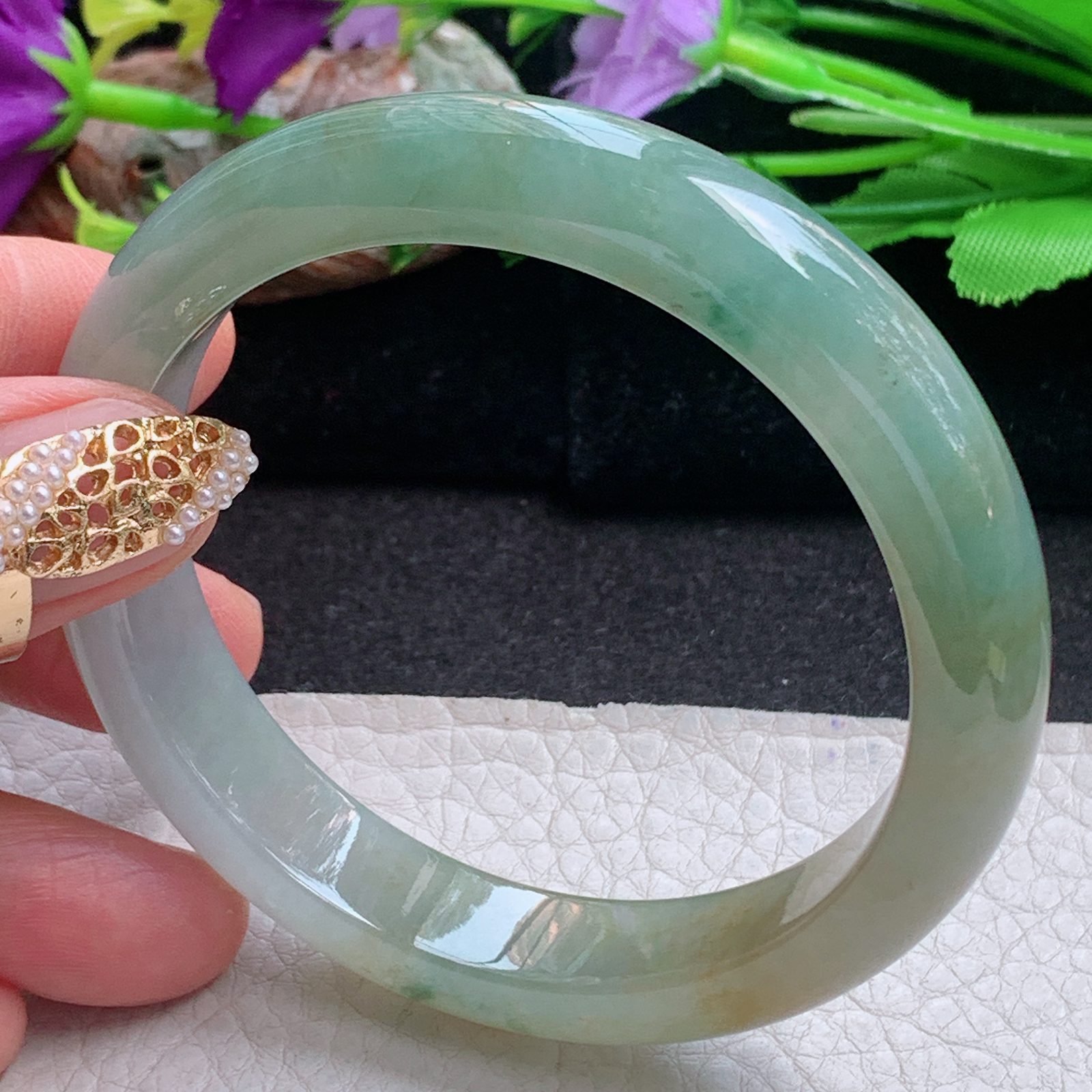 h三彩款57.5*12*8平安镯 天然缅甸翡翠a货手镯冰三彩正圈玉镯子