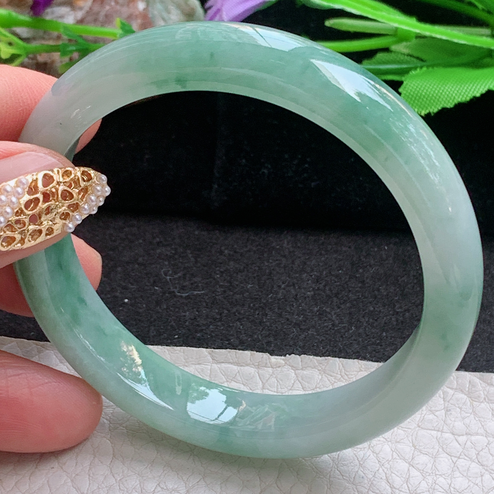 n实拍55*11*7.6平安镯 天然缅甸翡翠a货手镯飘花清秀正圈玉镯子