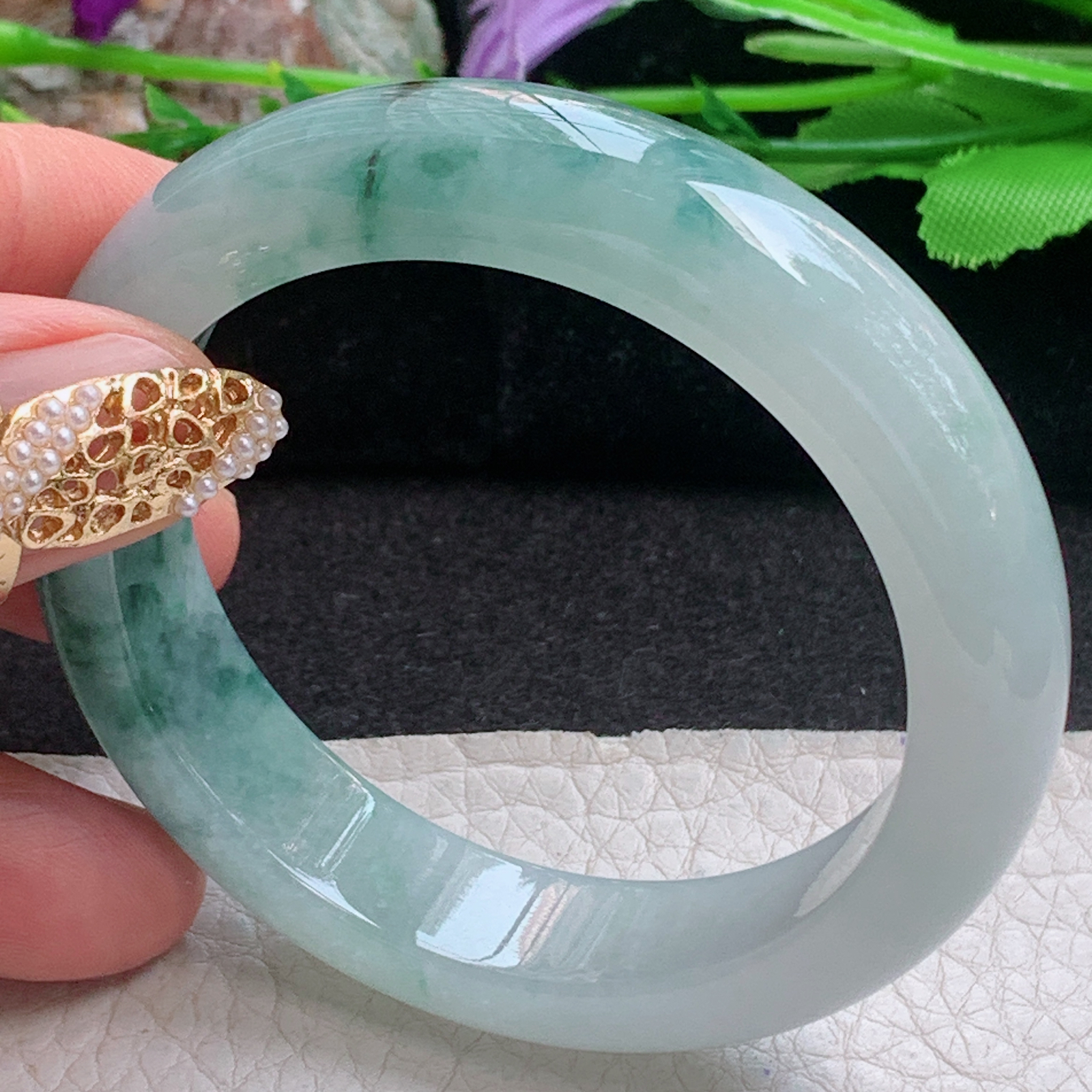 r小圈口51.5*12.8*8.2平安镯 天然缅甸翡翠a货手镯冰飘花秀气正圈玉镯子