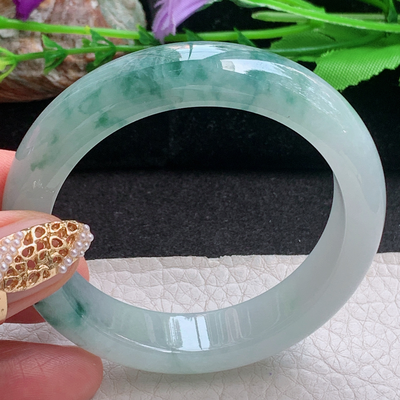 r小圈口51.5*12.8*8.2平安镯 天然缅甸翡翠a货手镯冰飘花秀气正圈玉镯子