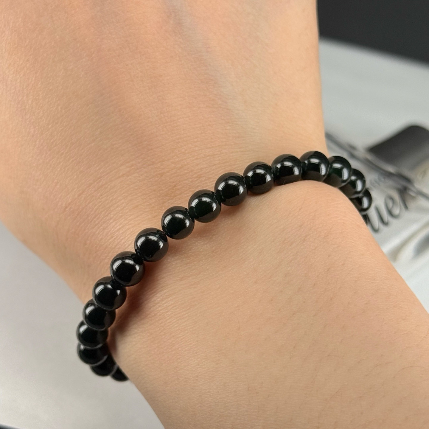 精品墨翠珠子手链 种好色正 黑度极好 打灯通透 油性十足 尺寸6.2