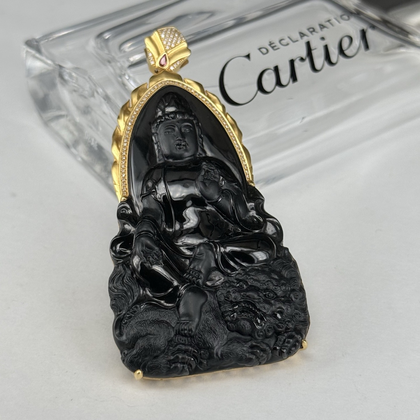 精品18k墨翠文殊菩萨 种好色正 黑度极好 打灯通透 油性十足 尺寸70.8